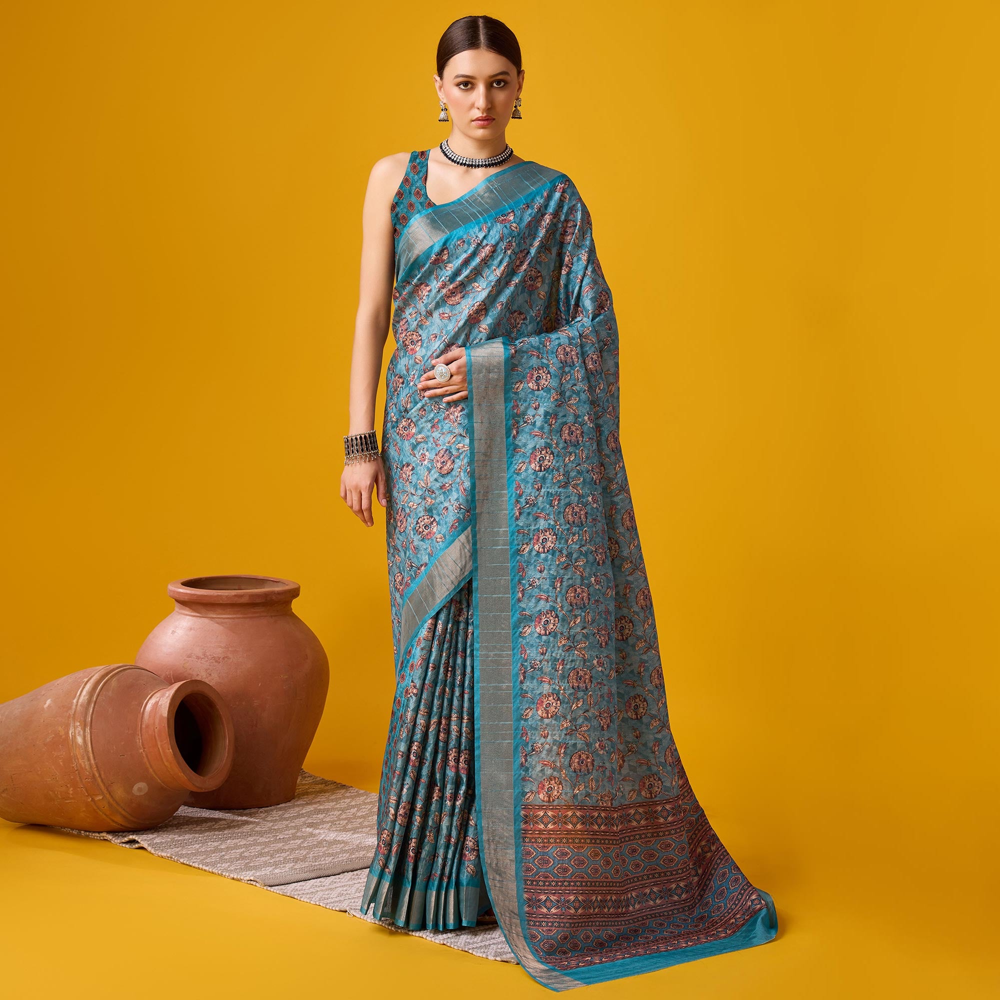 Sky Blue Digital Printed Cotton Silk Saree