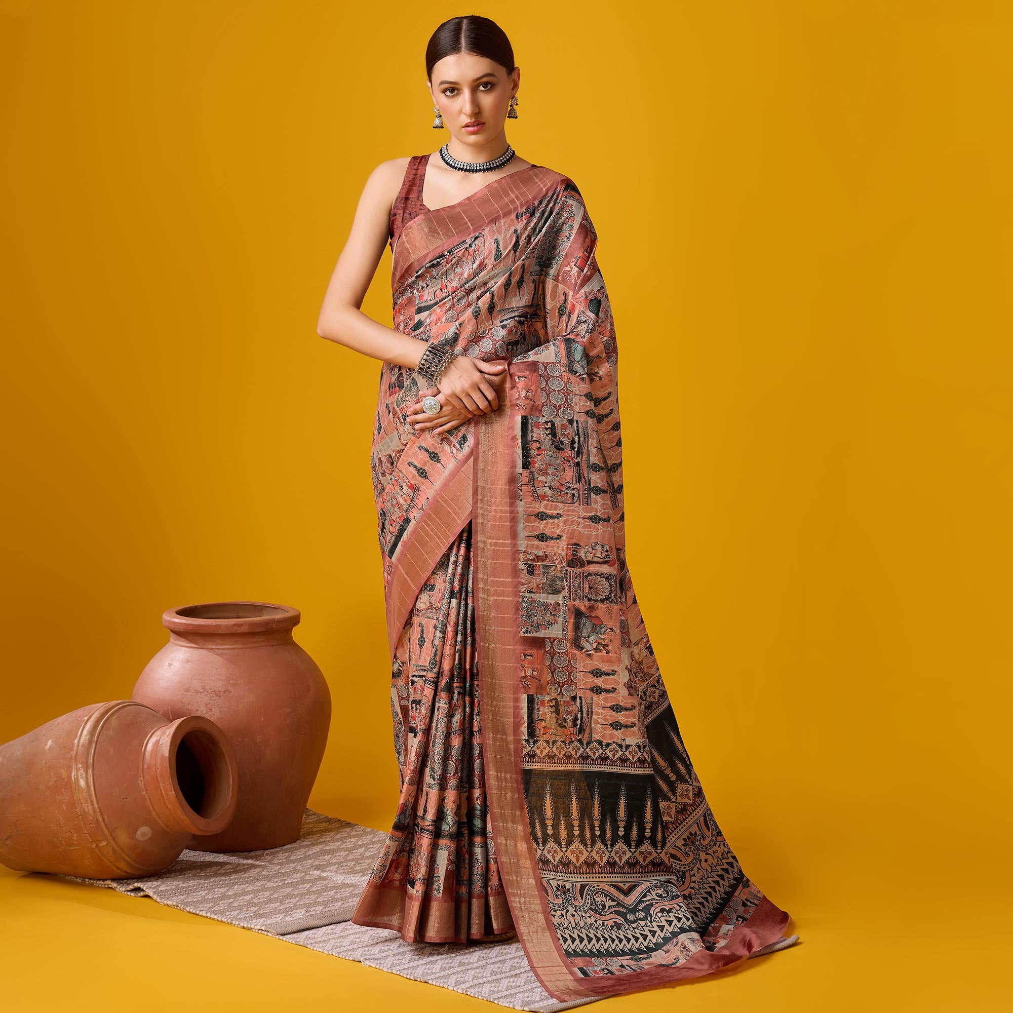 Peach Digital Printed Cotton Silk Saree