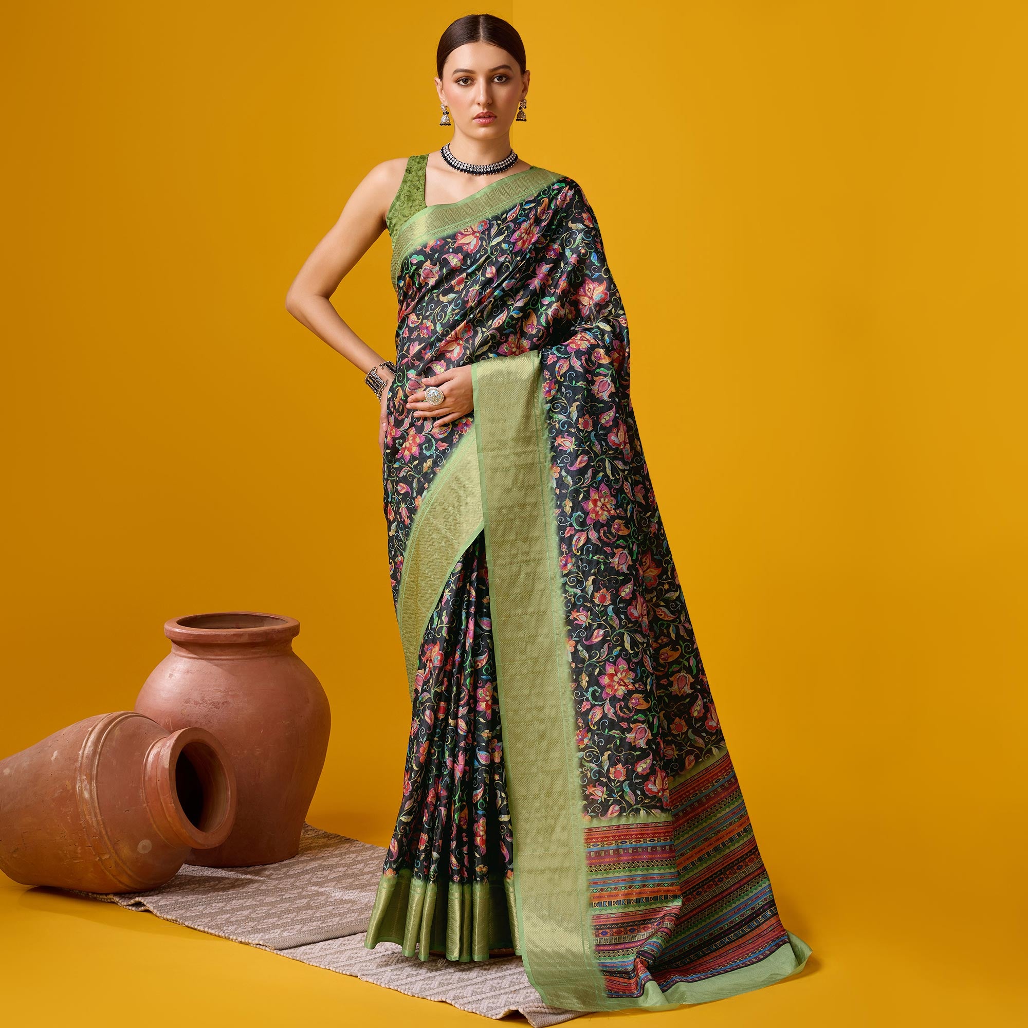 Black Digital Printed Cotton Silk Saree