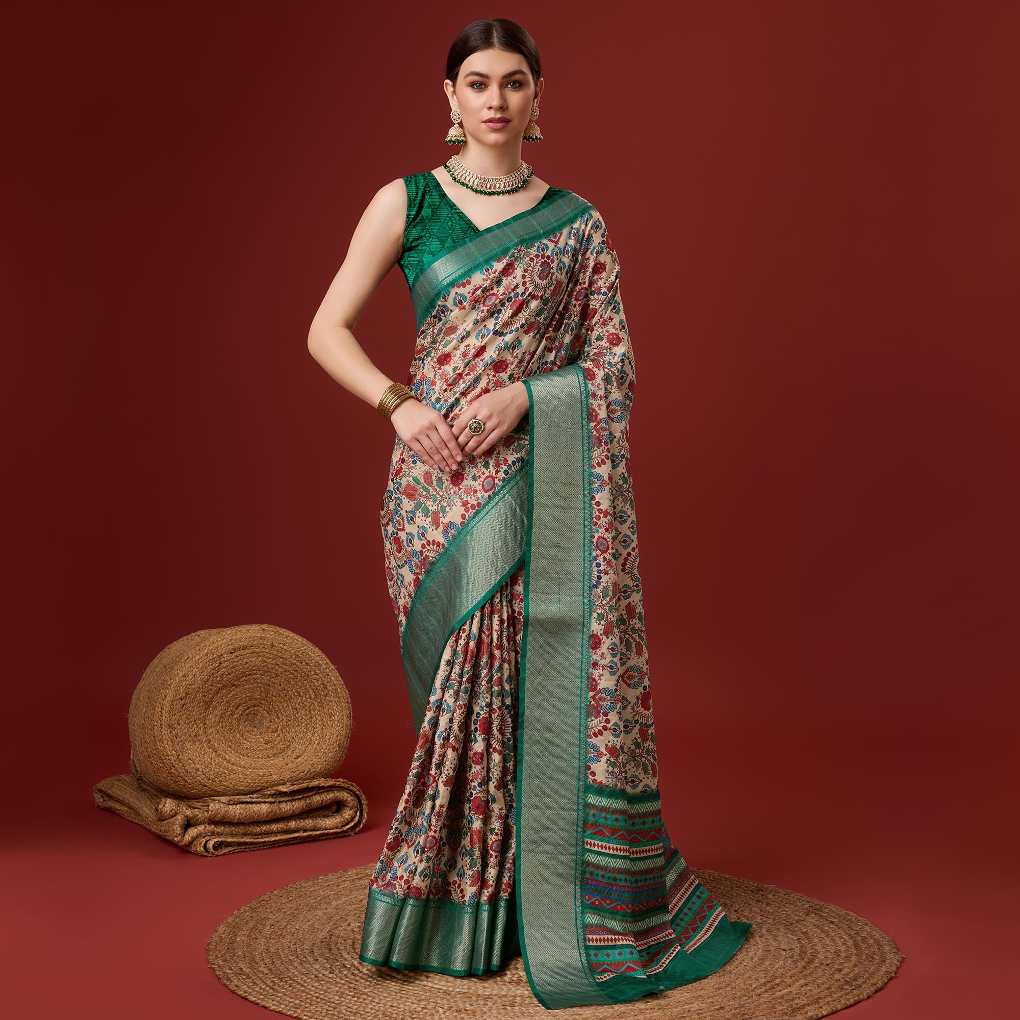 Beige Digital Printed Cotton Silk Saree With Border
