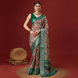 Beige Digital Printed Cotton Silk Saree With Border