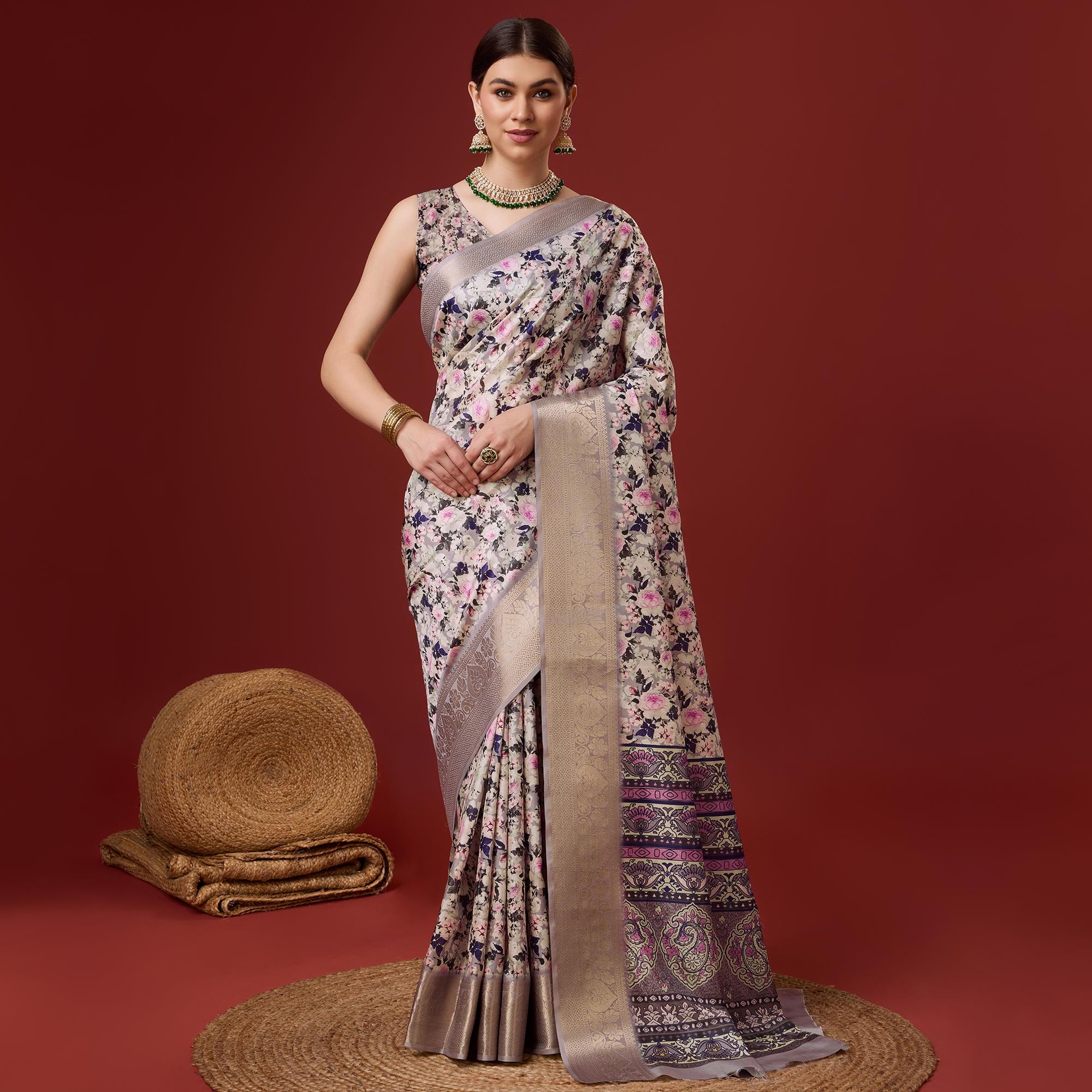 Grey Digital Printed Cotton Silk Saree With Border