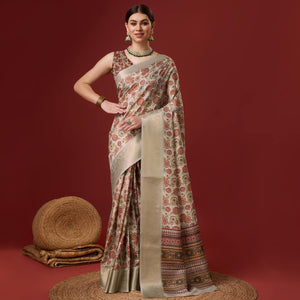 Beige Digital Printed Cotton Silk Saree With Border