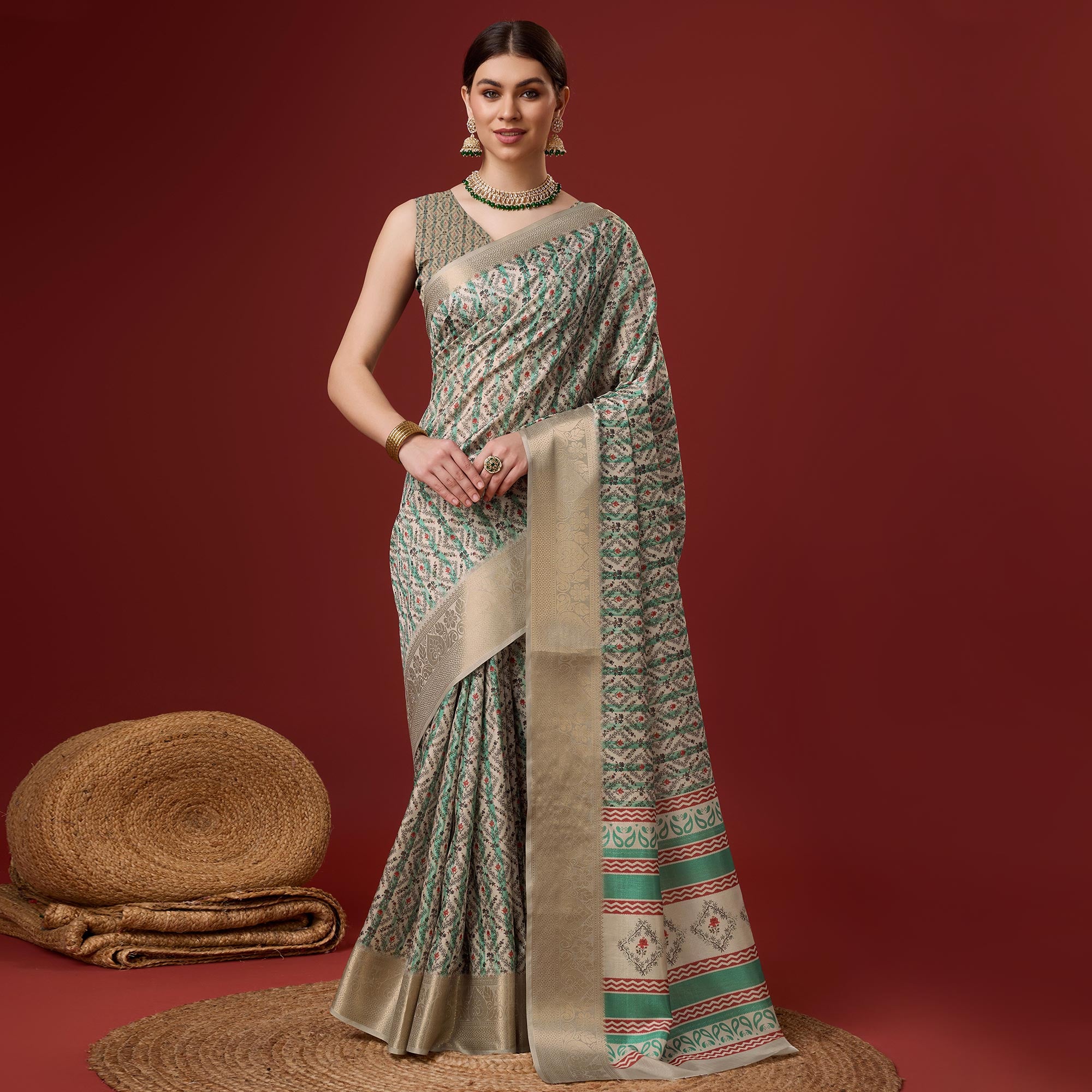 Beige Digital Printed Cotton Silk Saree With Border