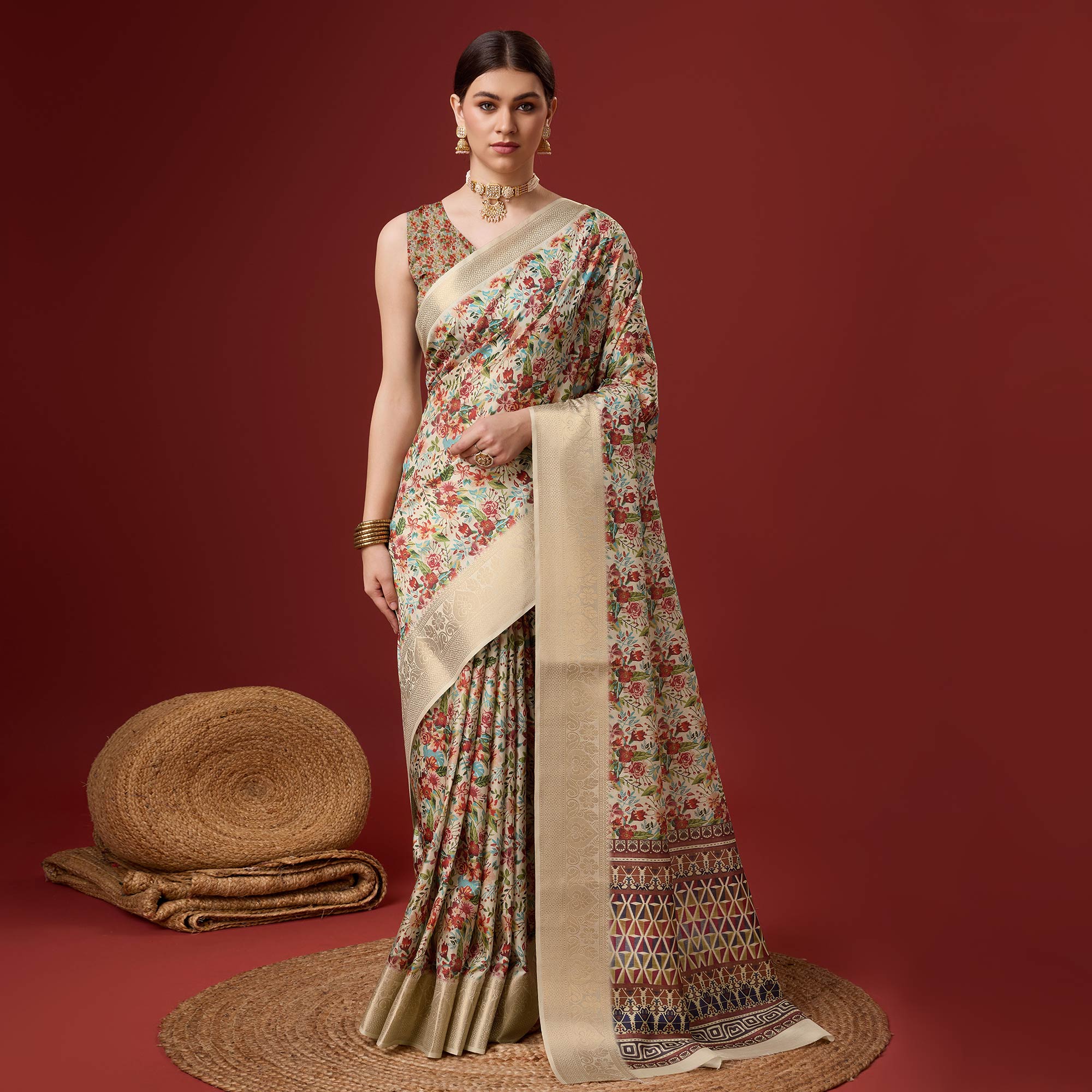 Beige Digital Printed Cotton Silk Saree With Border