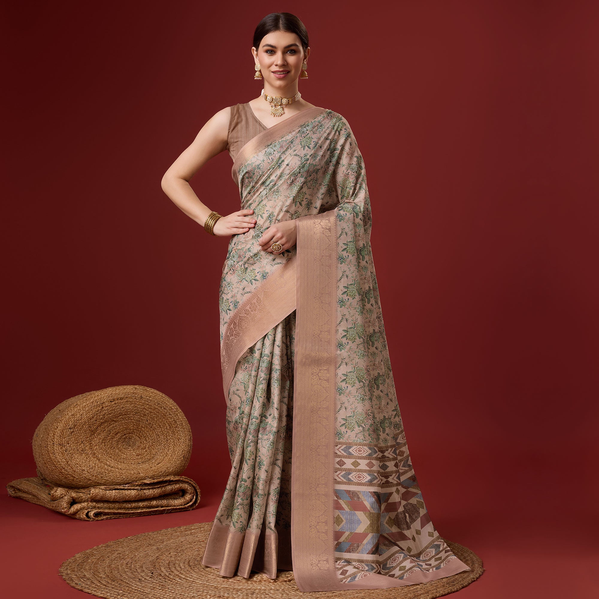 Beige Digital Printed Cotton Silk Saree With Border