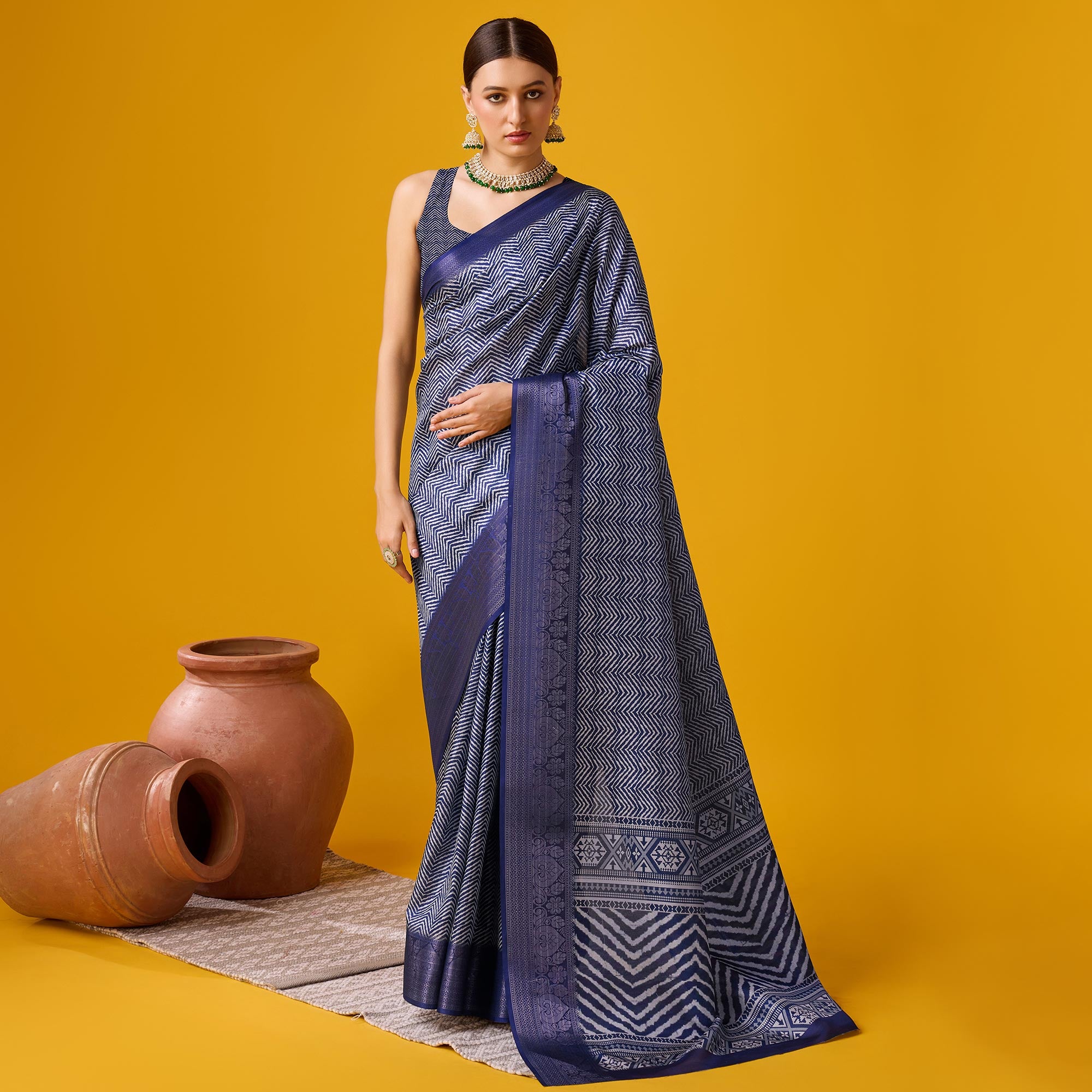 Blue Digital Printed Cotton Silk Saree With Border