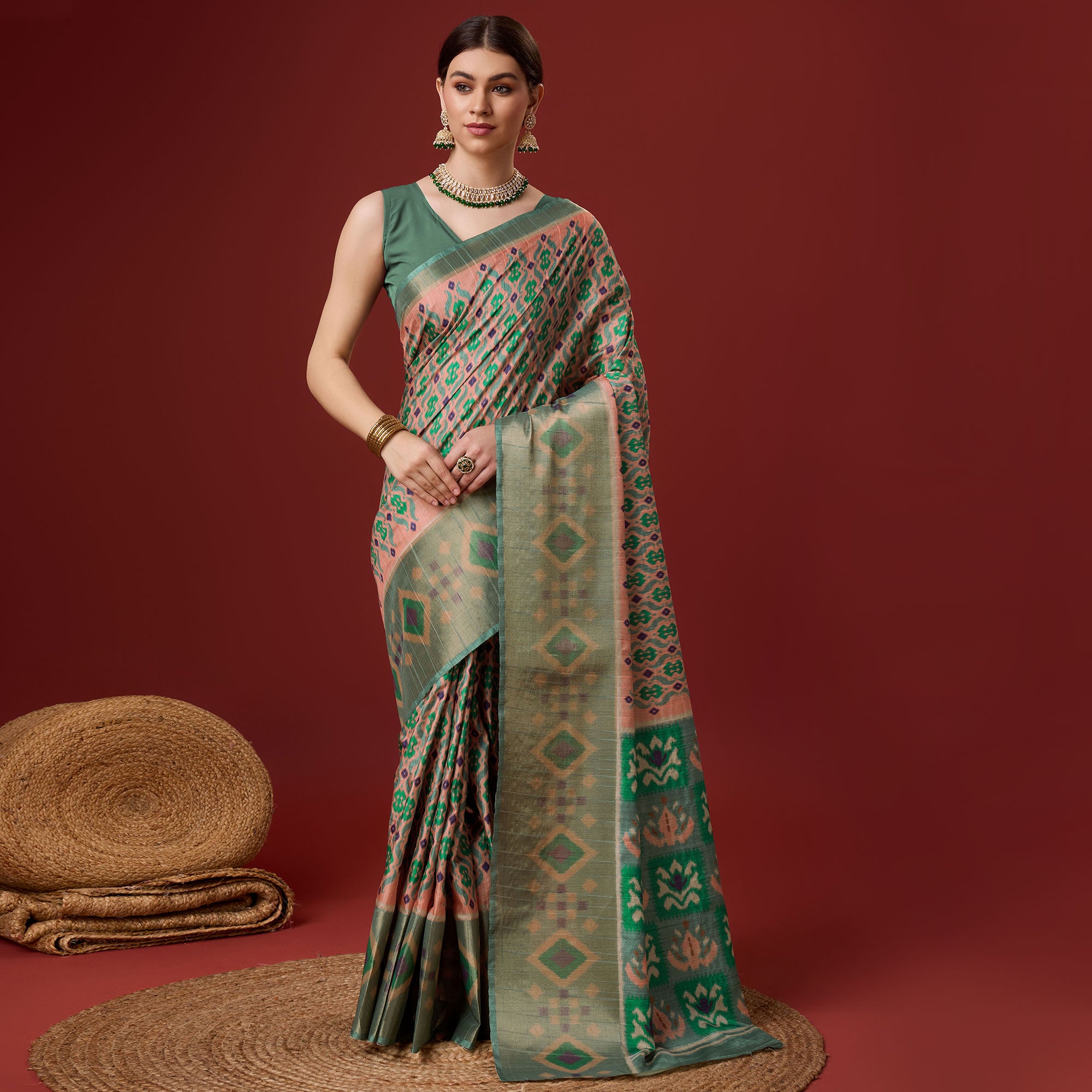 Peach Digital Printed Cotton Silk Saree With Border