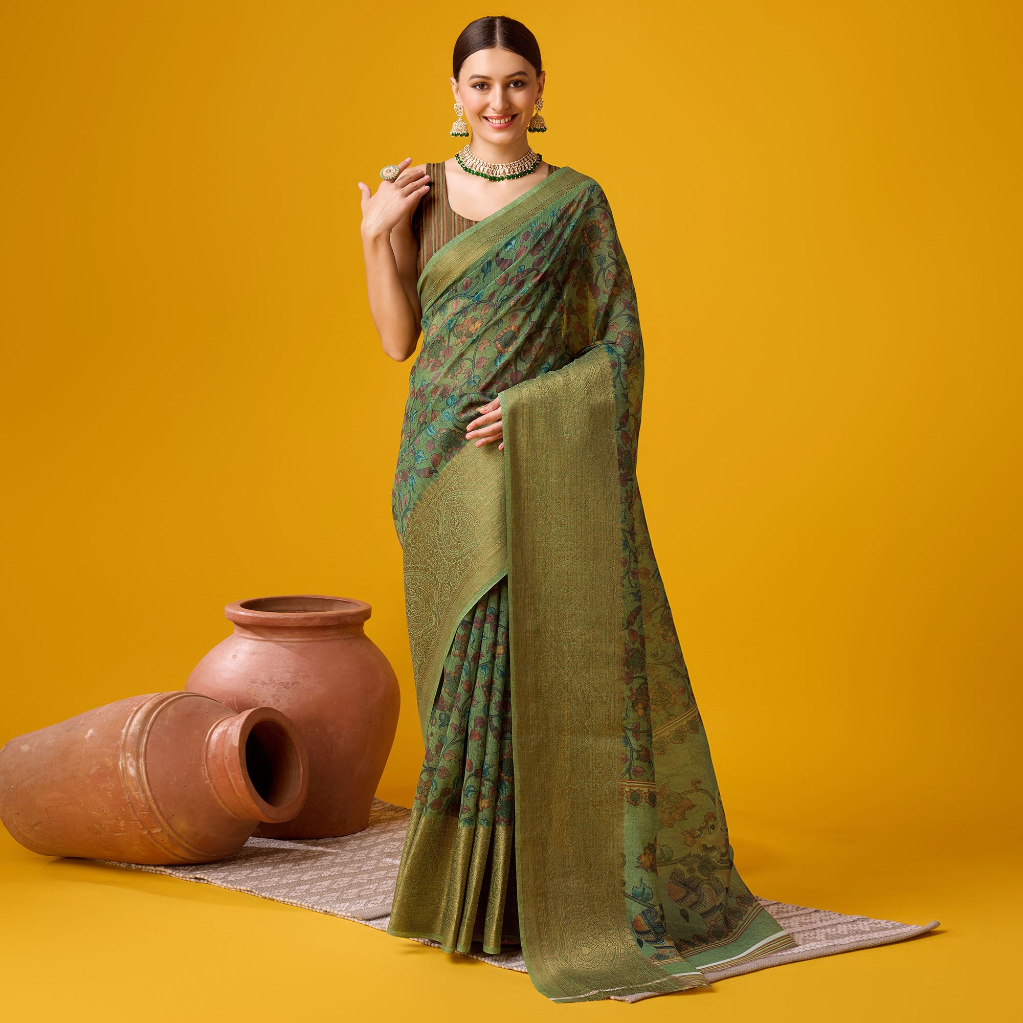 Green Digital Printed Cotton Silk Saree With Border