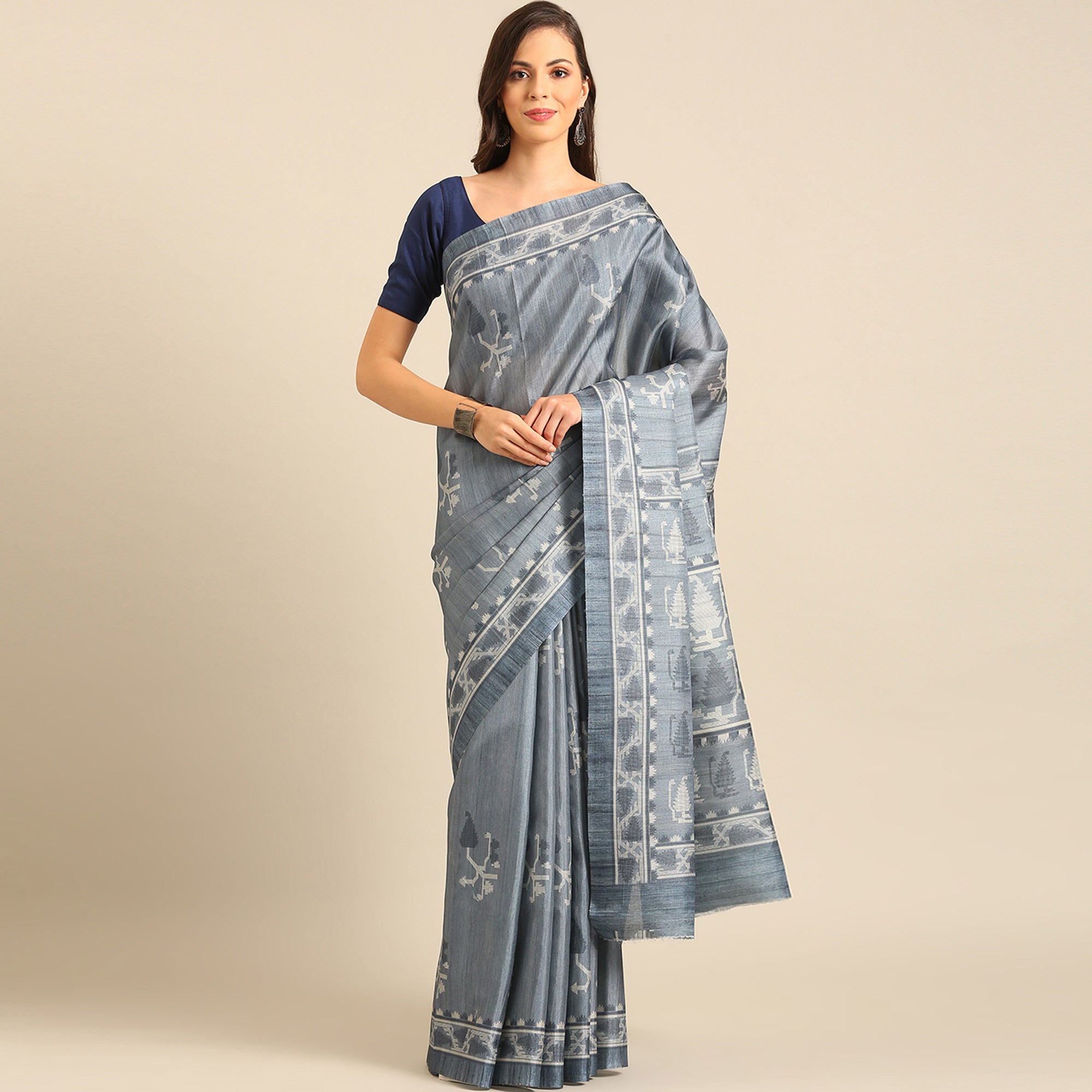 Grey Digital Print Cotton Blend Saree