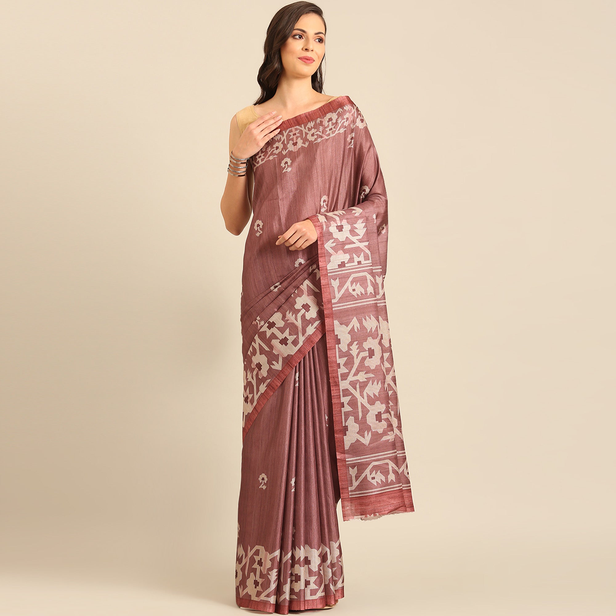 Dusty Rose Pink Digital Printed Cotton Blend Saree
