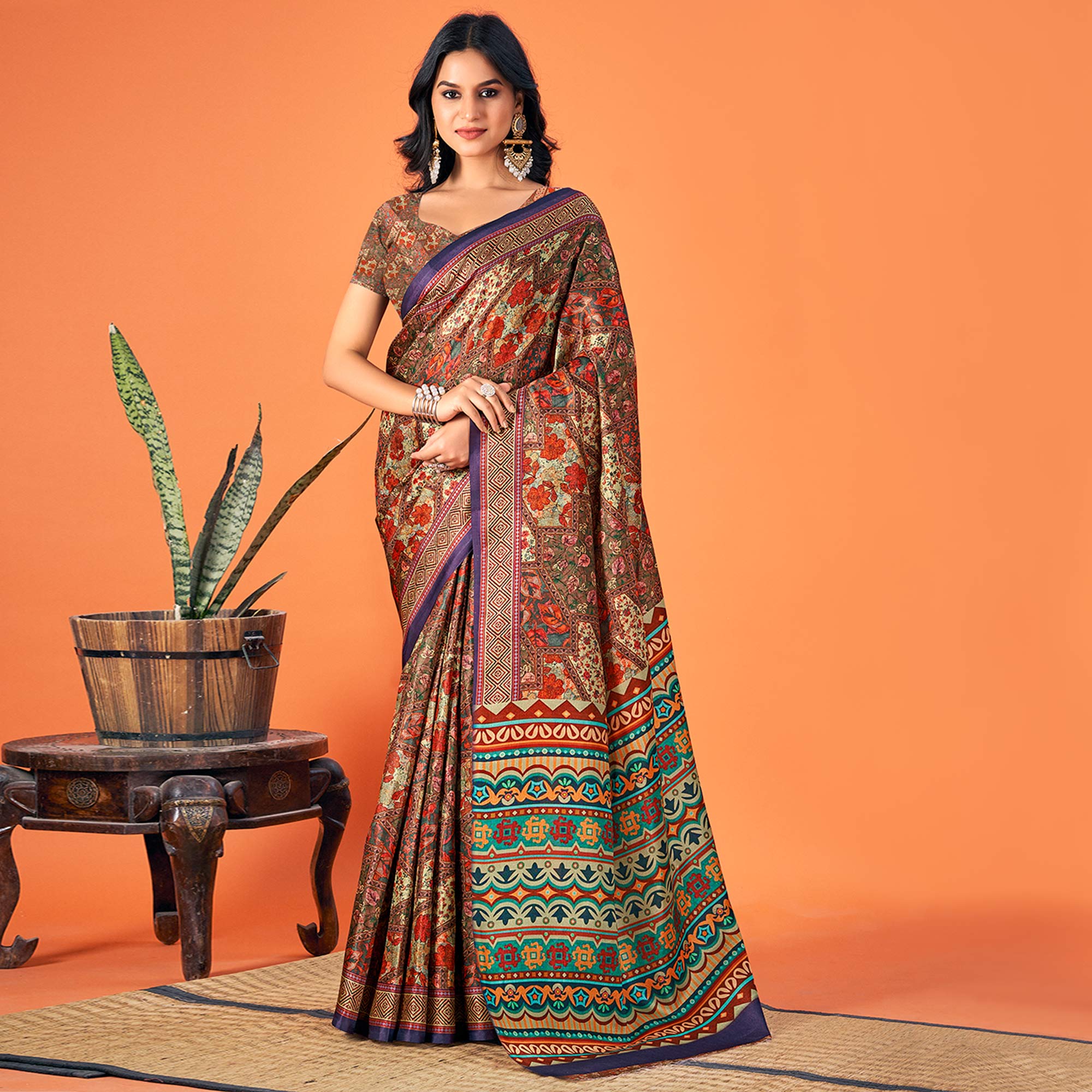 Multicolor Printed Pashmina Saree