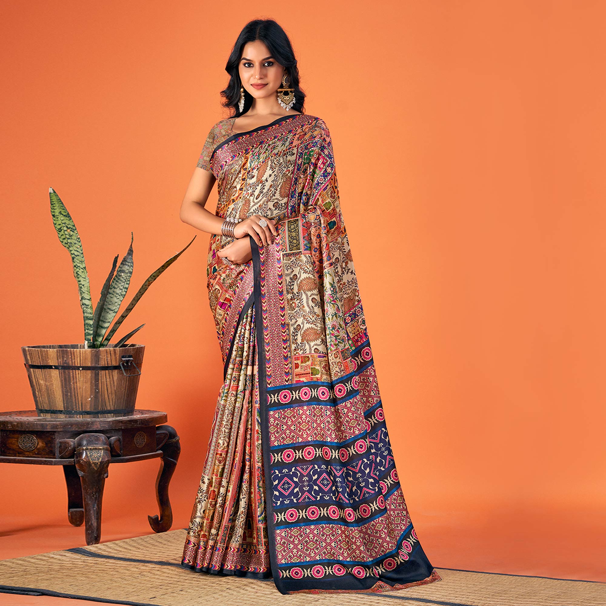 Multicolor Printed Pashmina Saree