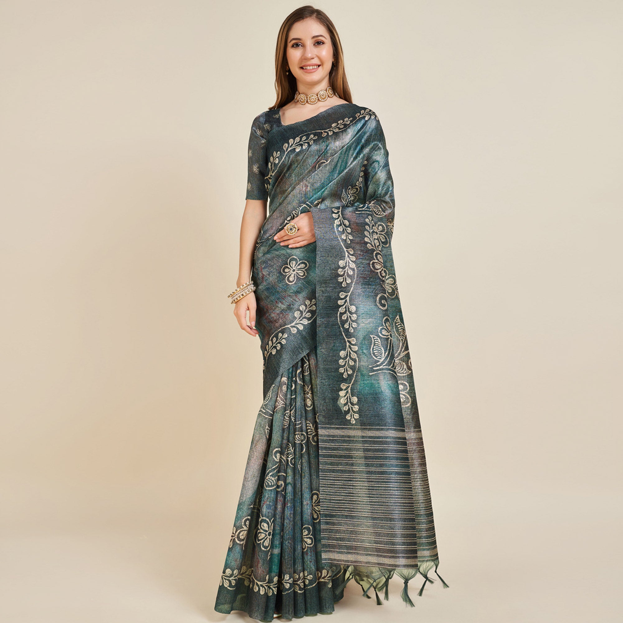 Grey Digital Printed Bhagalpuri Silk Saree With Tassels