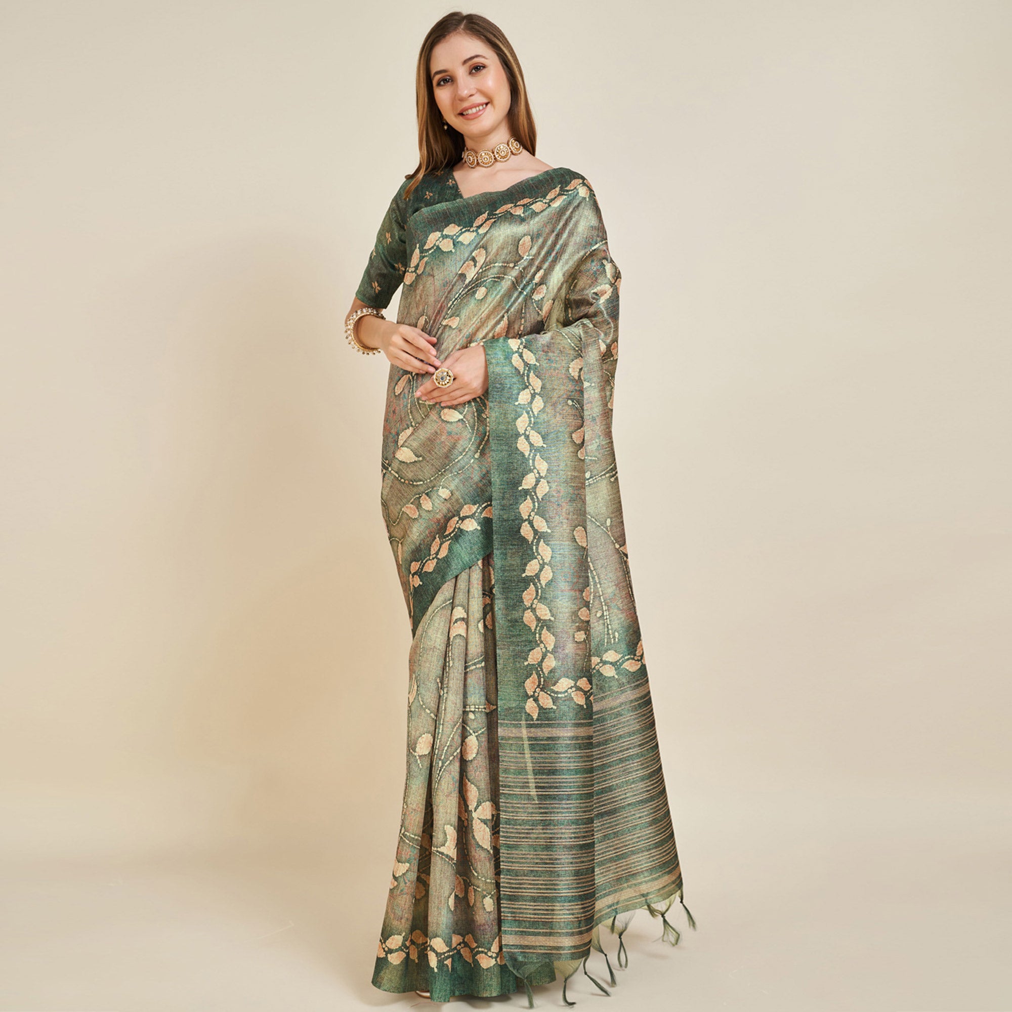 Green Digital Printed Bhagalpuri Silk Saree With Tassels