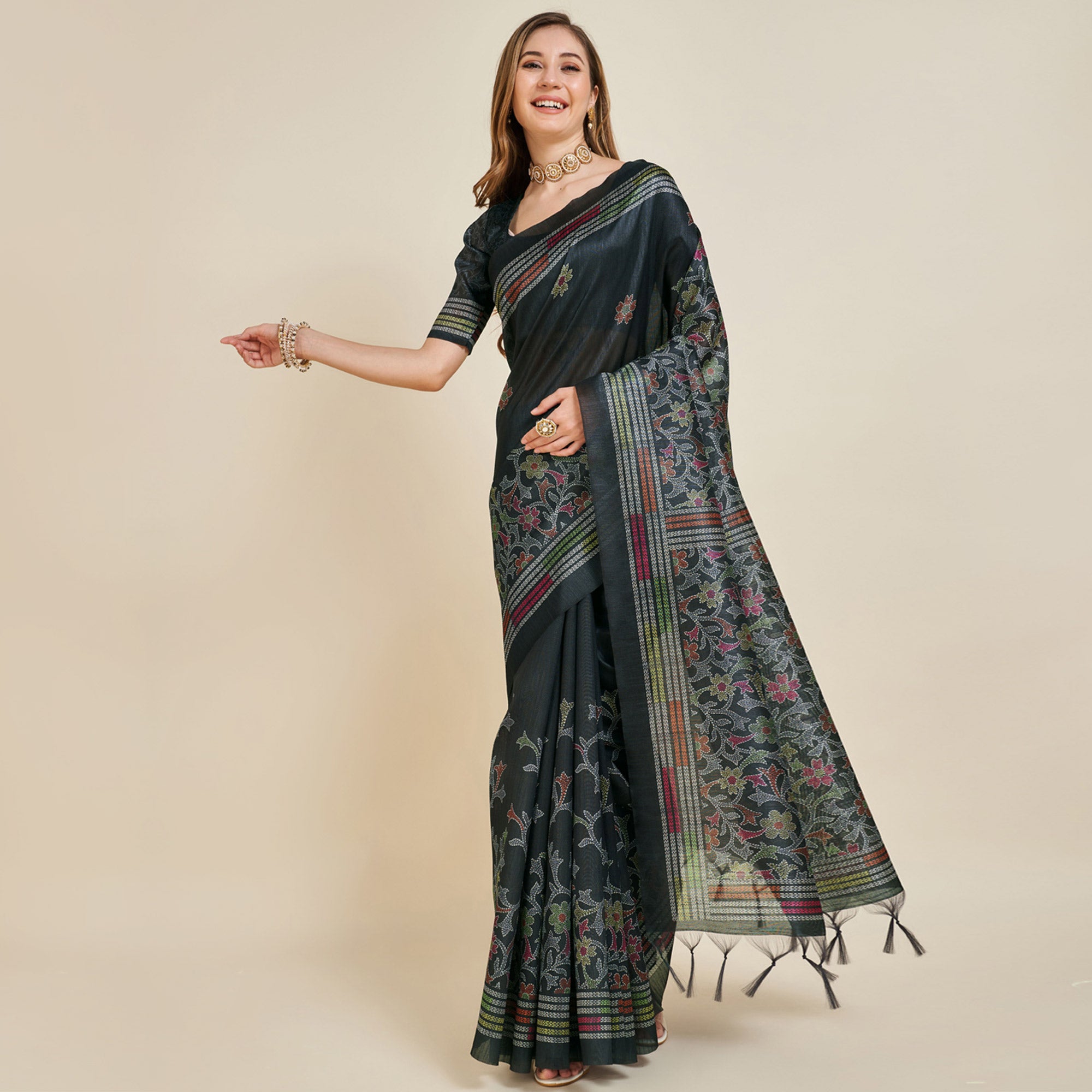 Black Digital Printed Bhagalpuri Silk Saree With Tassels