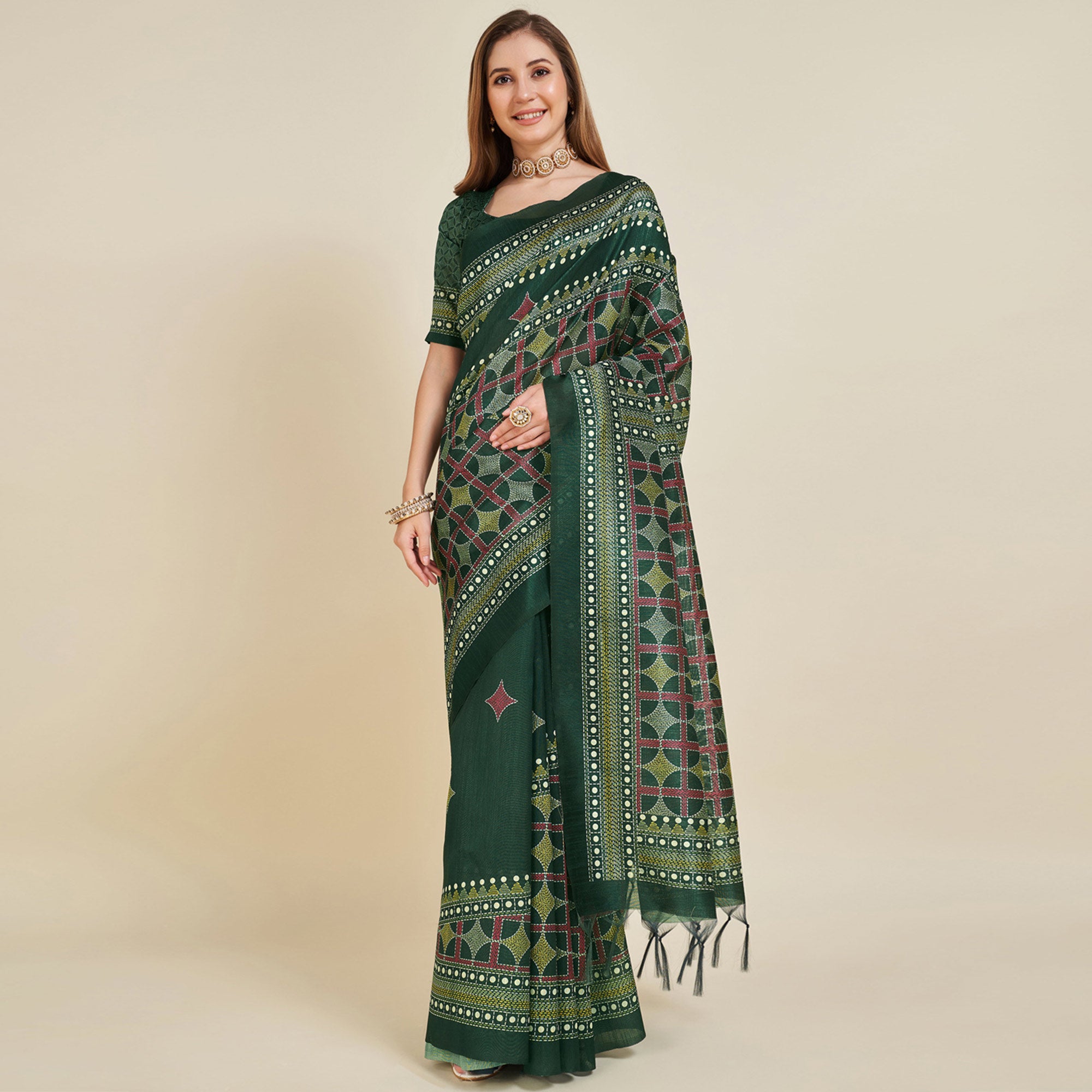 Green Digital Printed Bhagalpuri Silk Saree With Tassels