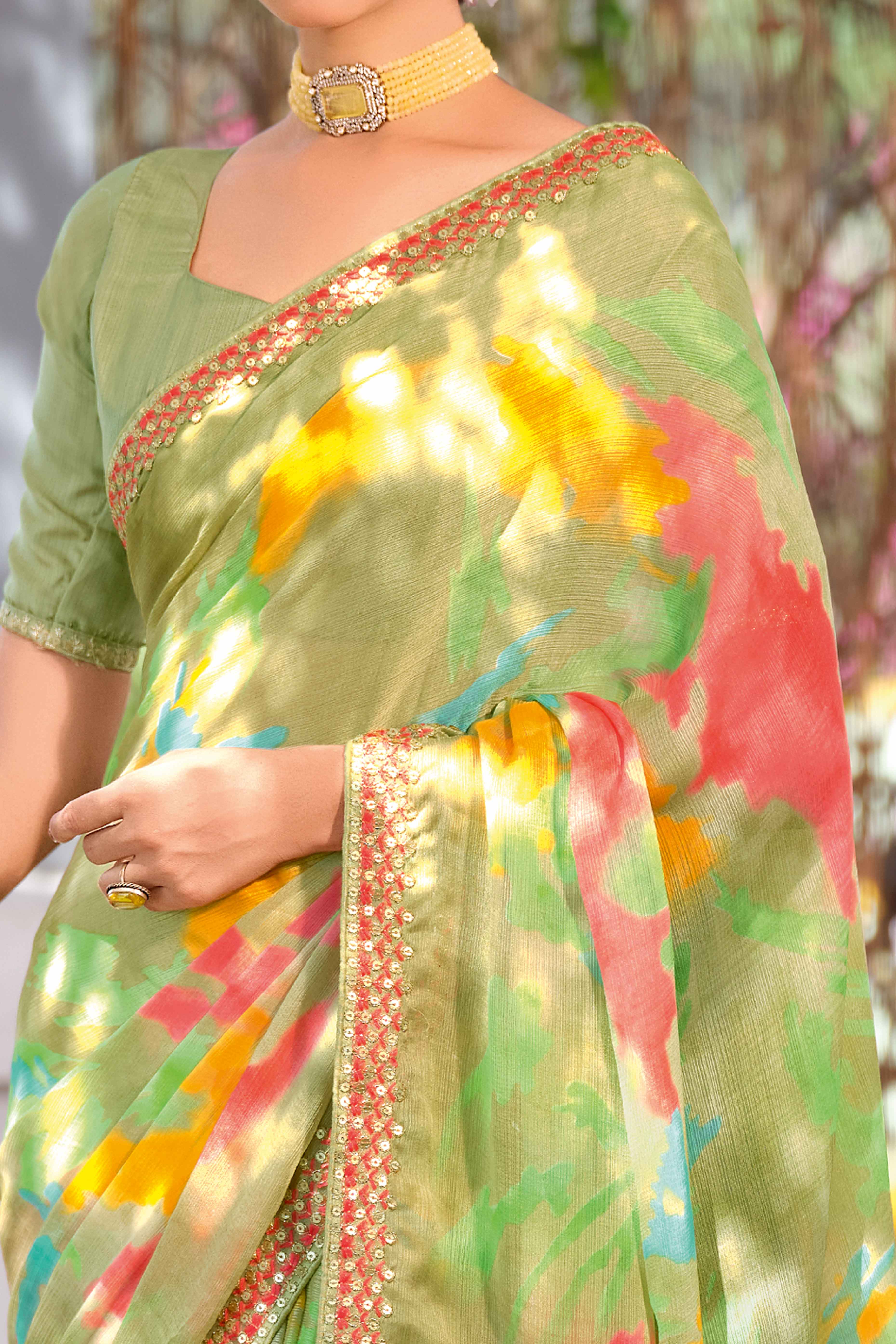 Festive Dusty Green Georgette Saree with Dazzling Sequin Work Border