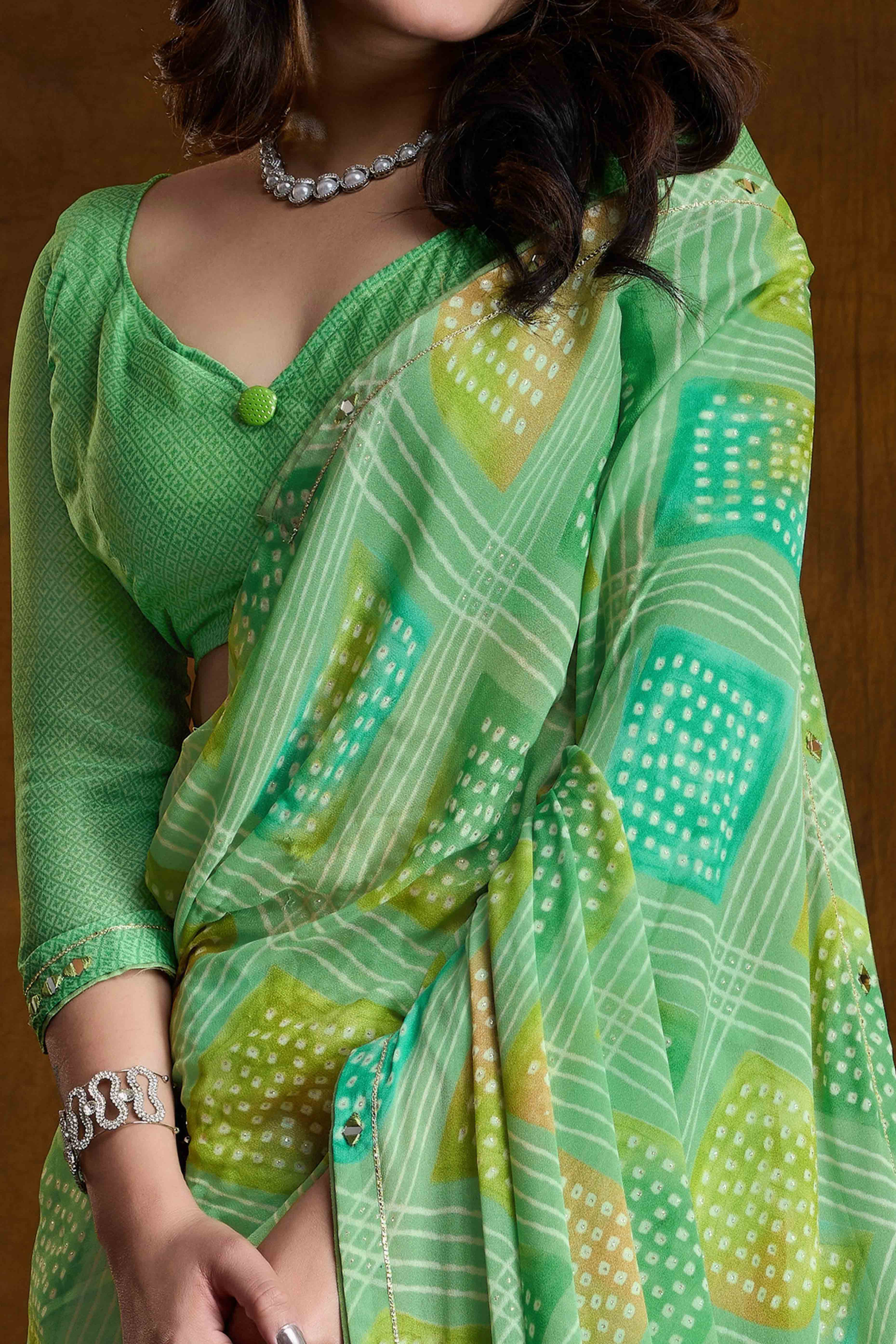 Green Bandhani Printed Chiffon Saree With Sparkling Mirror Work Border