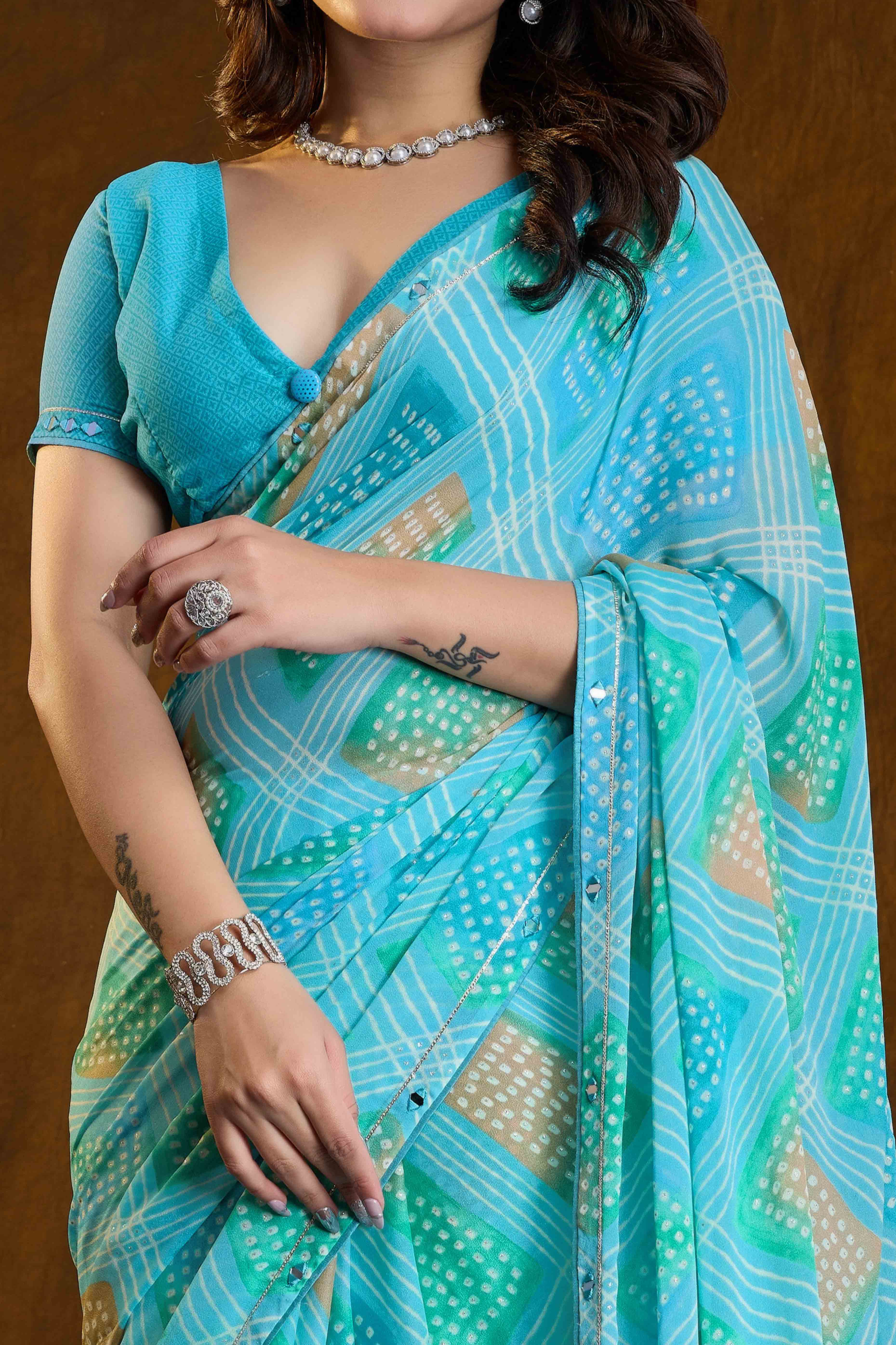 Blue Bandhani Printed Chiffon Saree With Sparkling Mirror Work Border