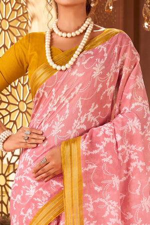 Sophisticated Baby Pink Mulmul Cotton Saree Featuring Delicate Floral Prints & Weaving Border