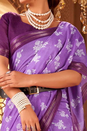 Sophisticated Purple Mulmul Cotton Saree Featuring Delicate Floral Prints & Weaving Border