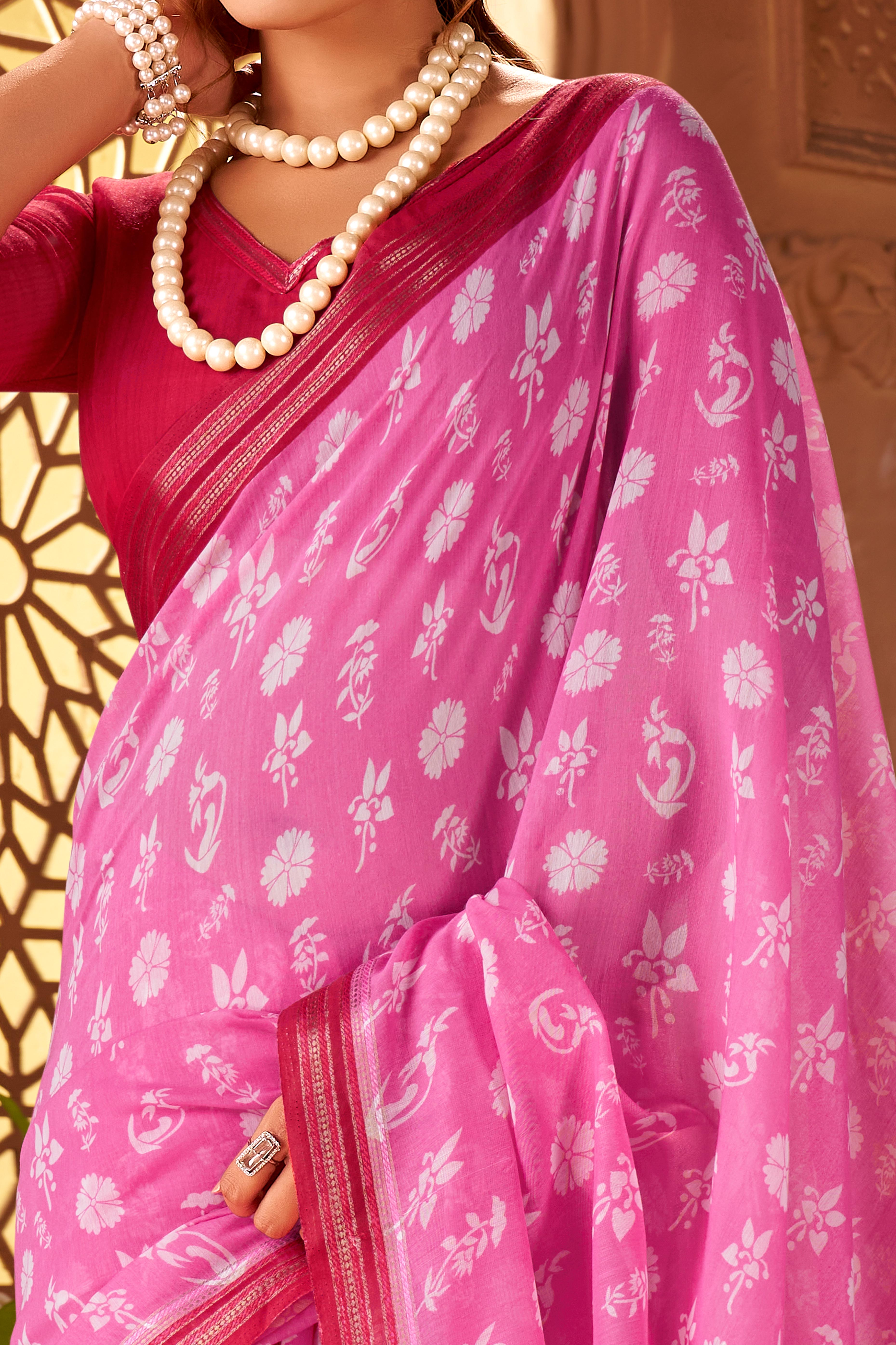 Sophisticated Pink Mulmul Cotton Saree Featuring Delicate Floral Prints & Weaving Border
