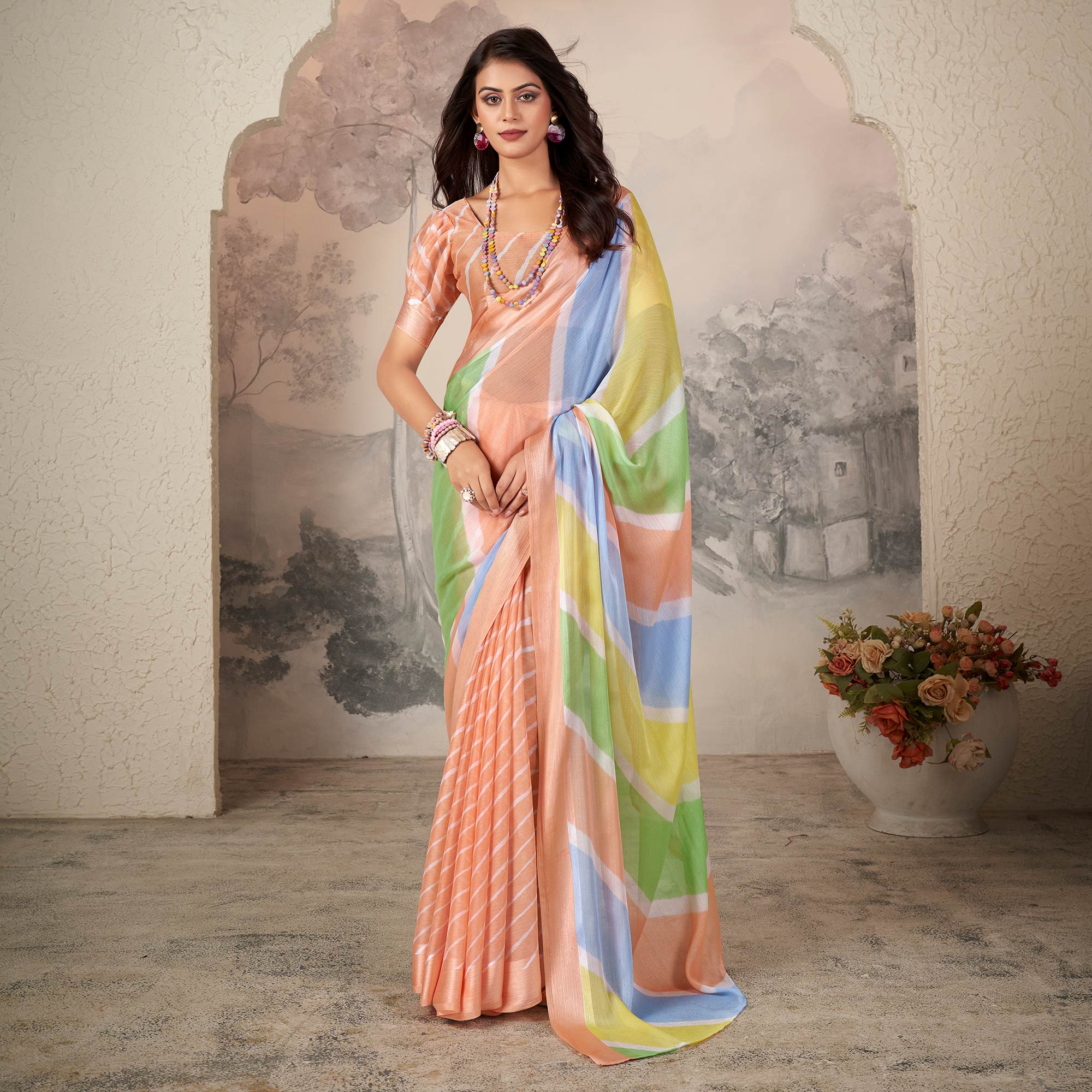 Orange Printed Chiffon Saree