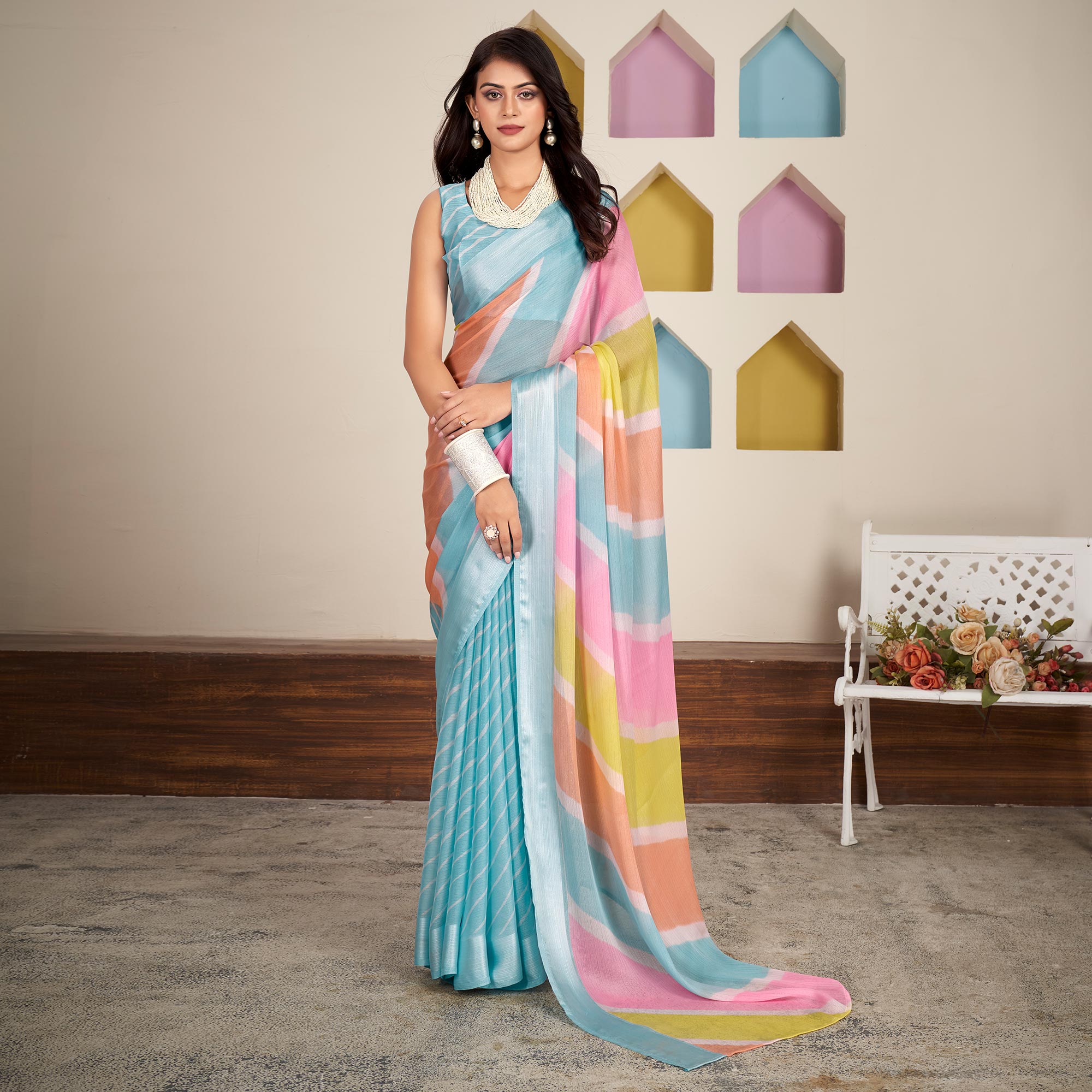 Blue Printed Chiffon Saree