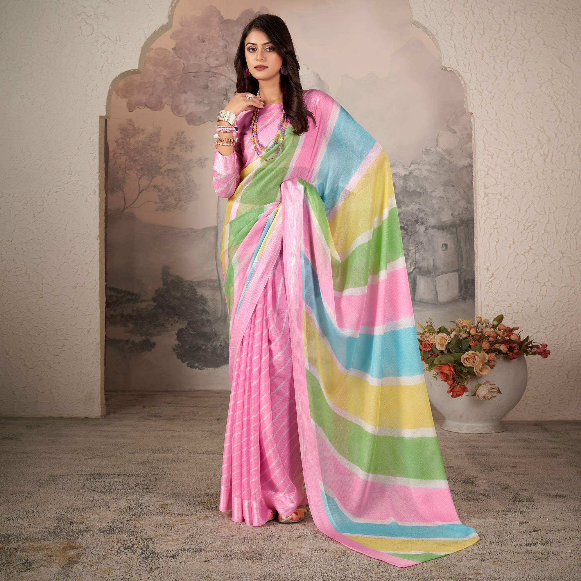 Pink Printed Chiffon Saree