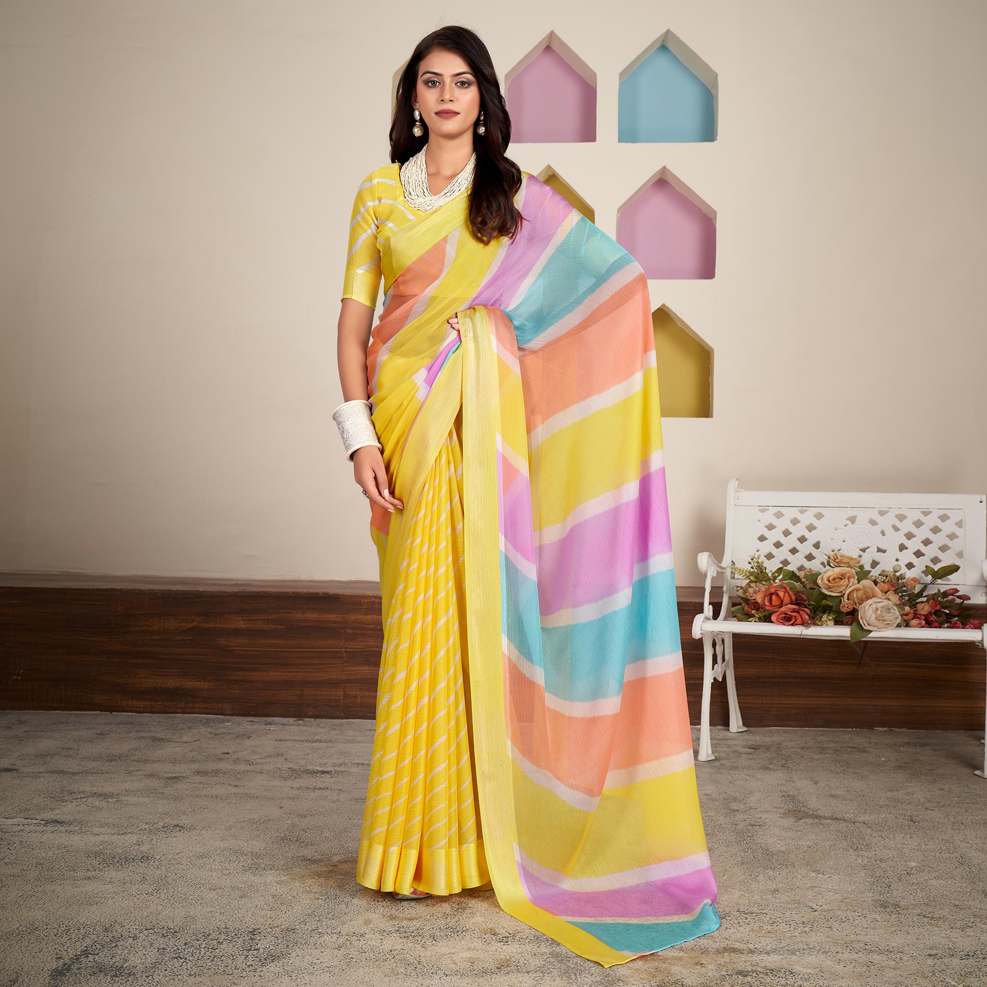 Yellow Printed Chiffon Saree