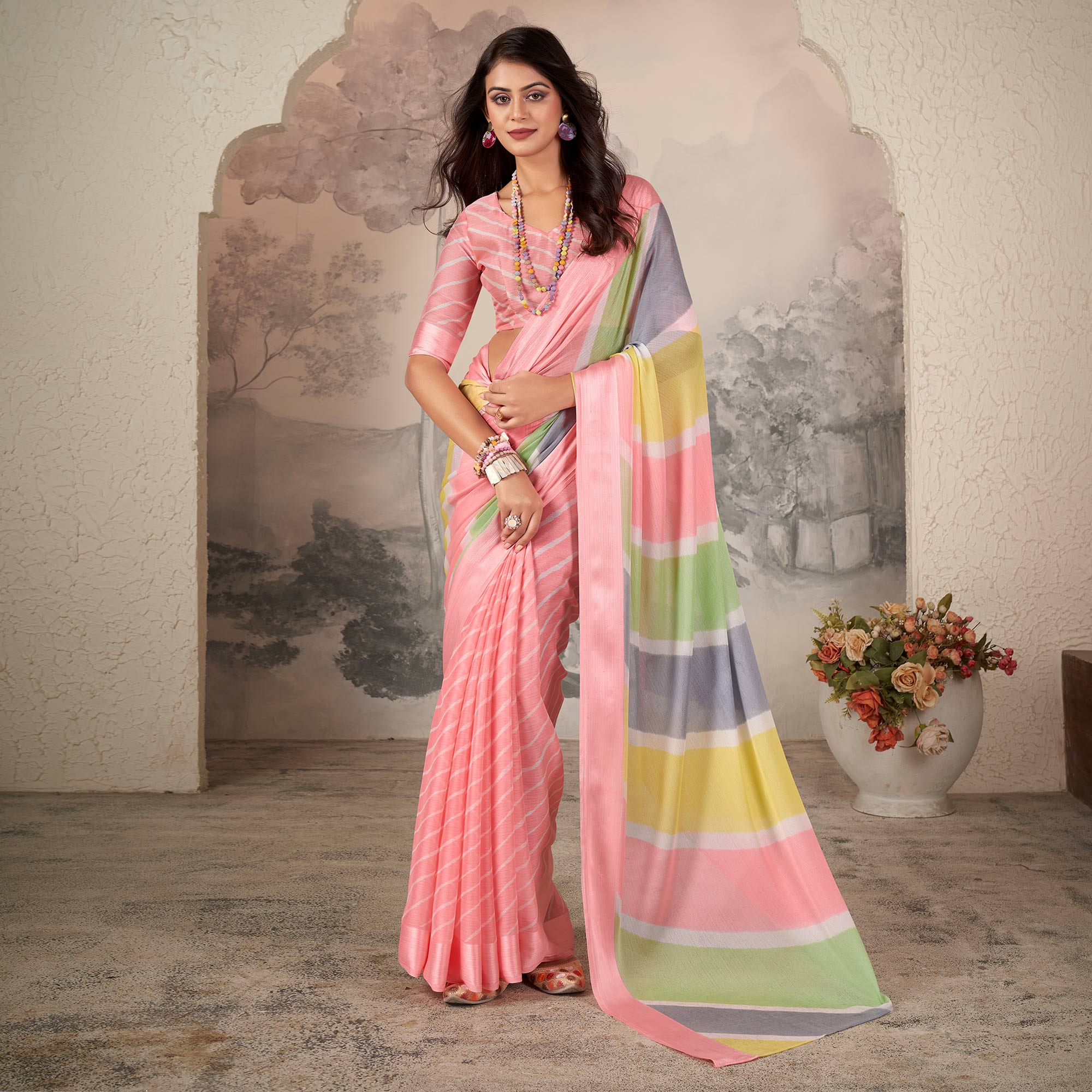 Peach Printed Chiffon Saree