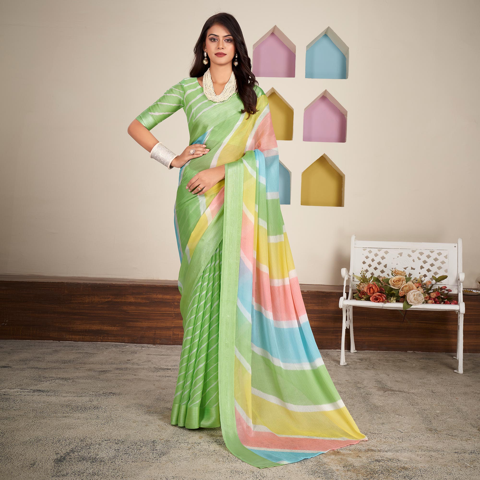 Green Printed Chiffon Saree