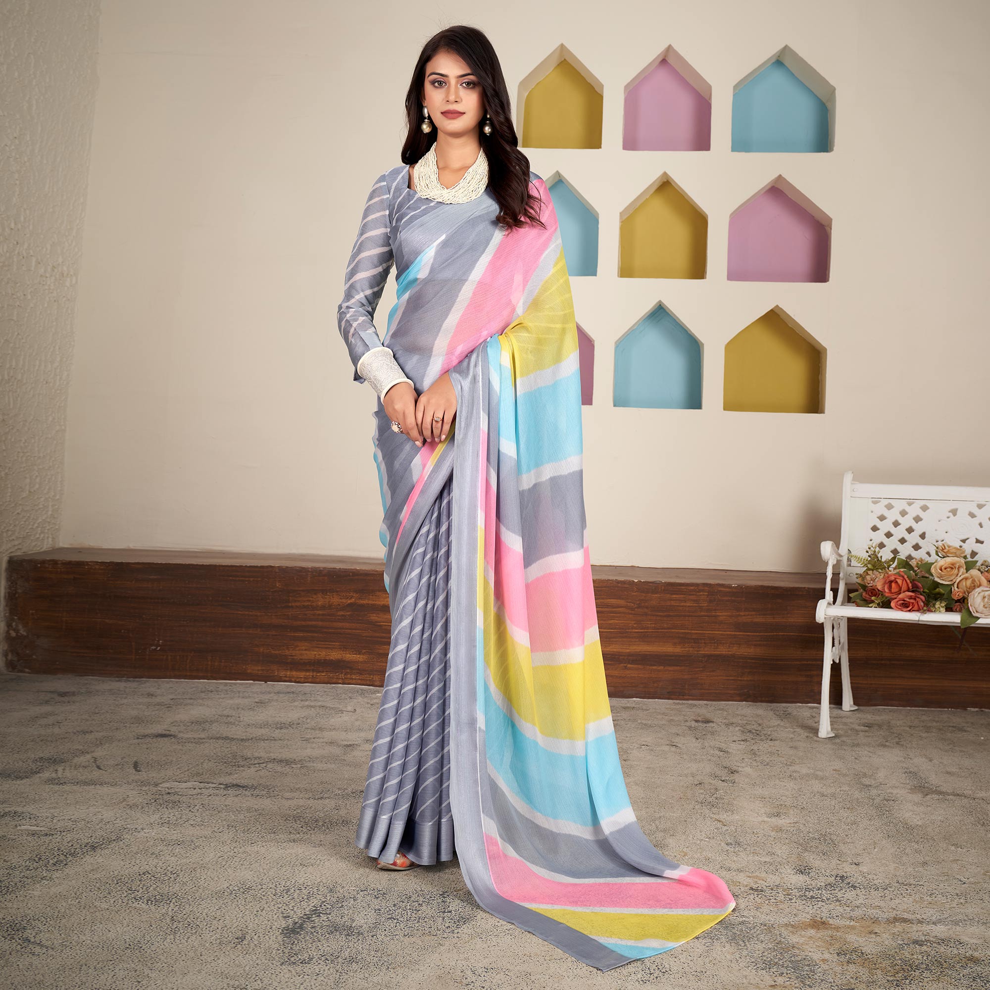 Grey Printed Chiffon Saree