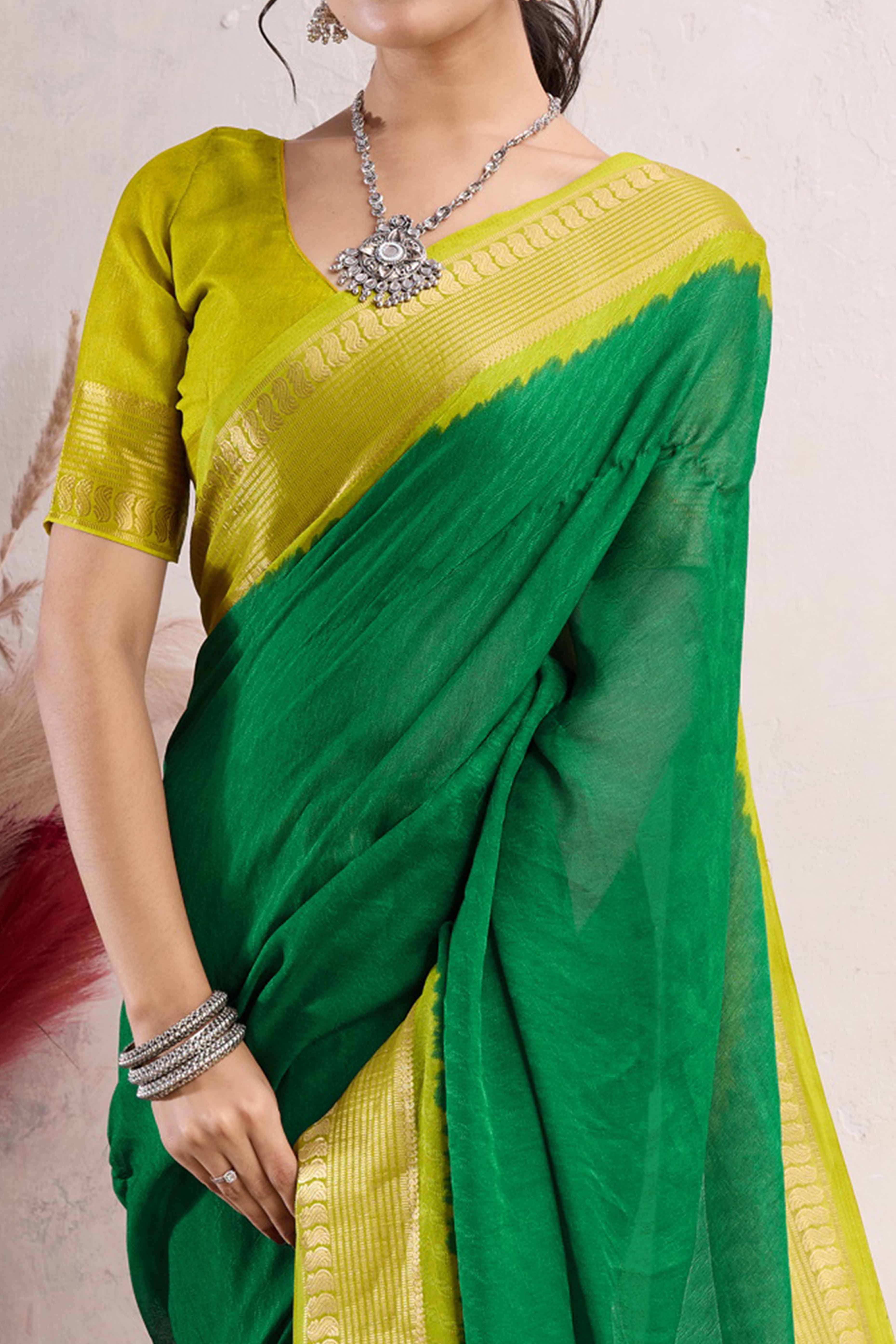 Green Printed Cotton Silk Saree With Jacquard Border