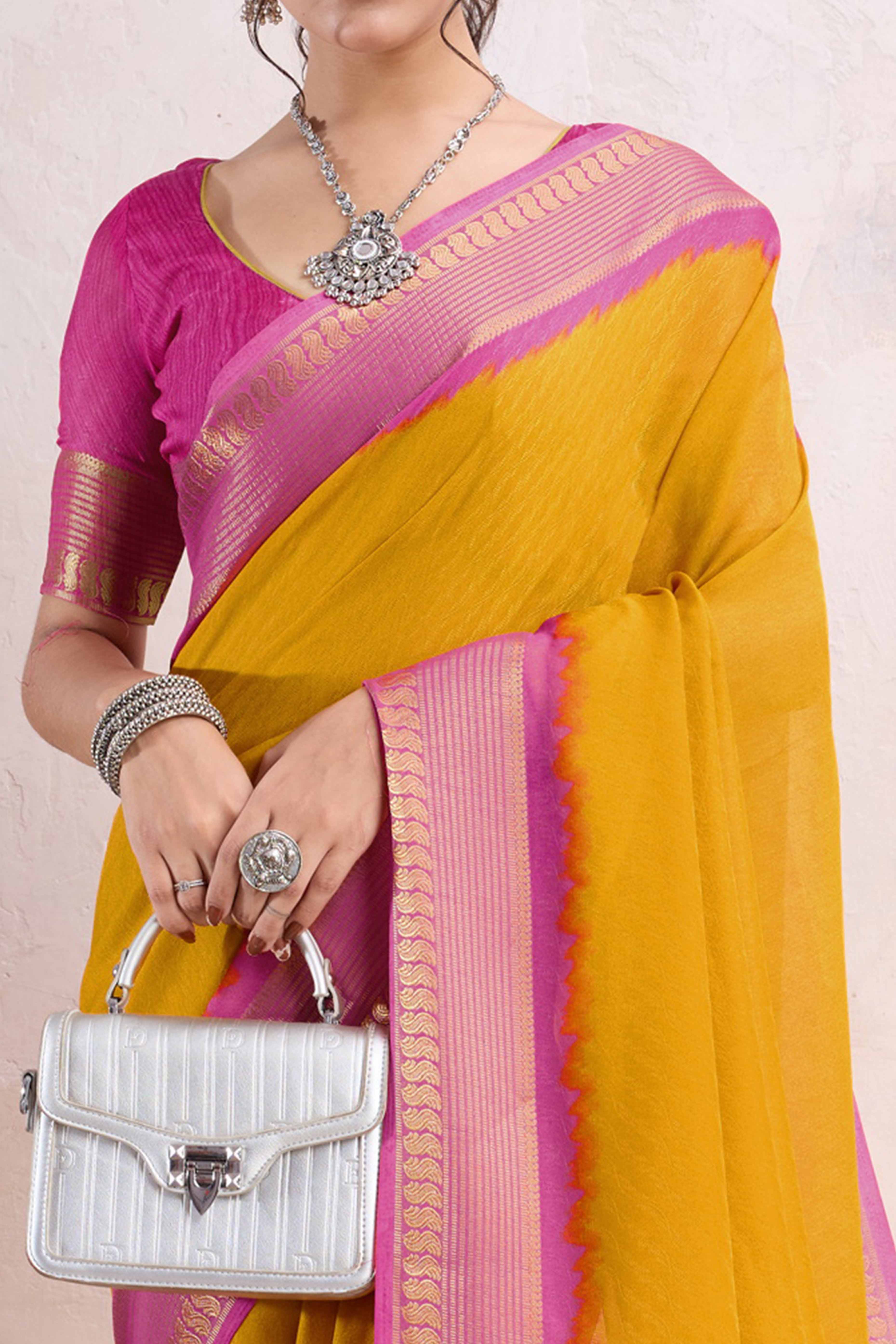 Mustard Printed Cotton Silk Saree With Jacquard Border
