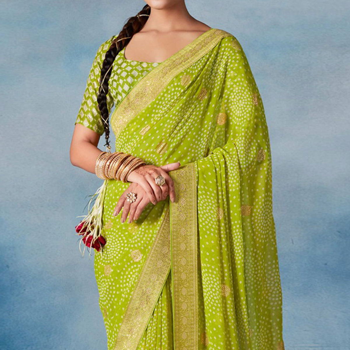 Green Bandhani Foil Printed Georgette Saree