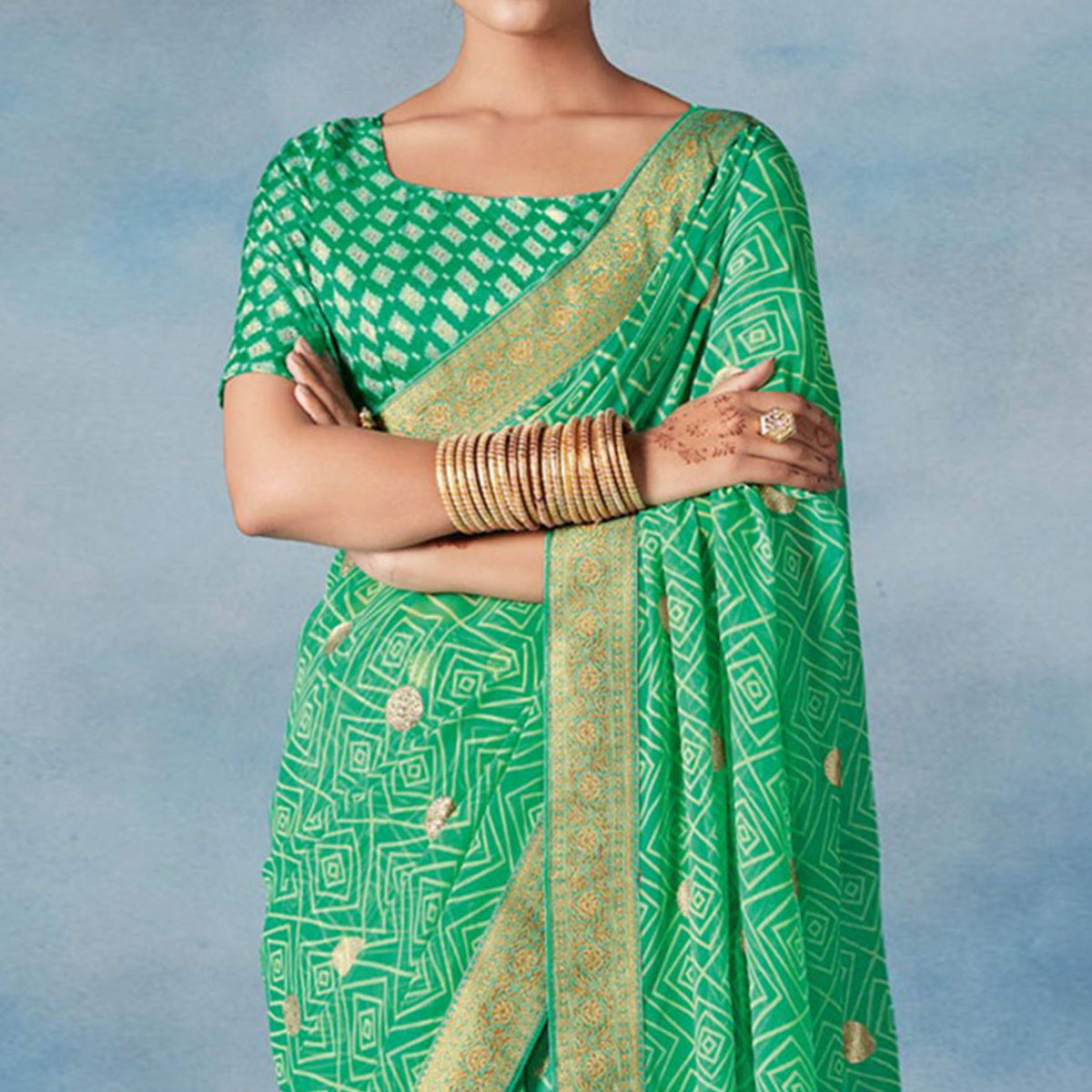 Sea Green Foil Printed Georgette Saree
