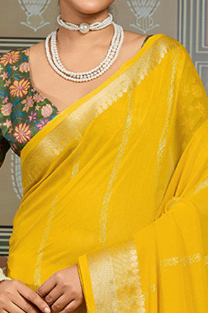 Yellow Striped Pattern Bemberg Saree Adorned With Intricate Zari Weaving & Graceful Tassel Pallu
