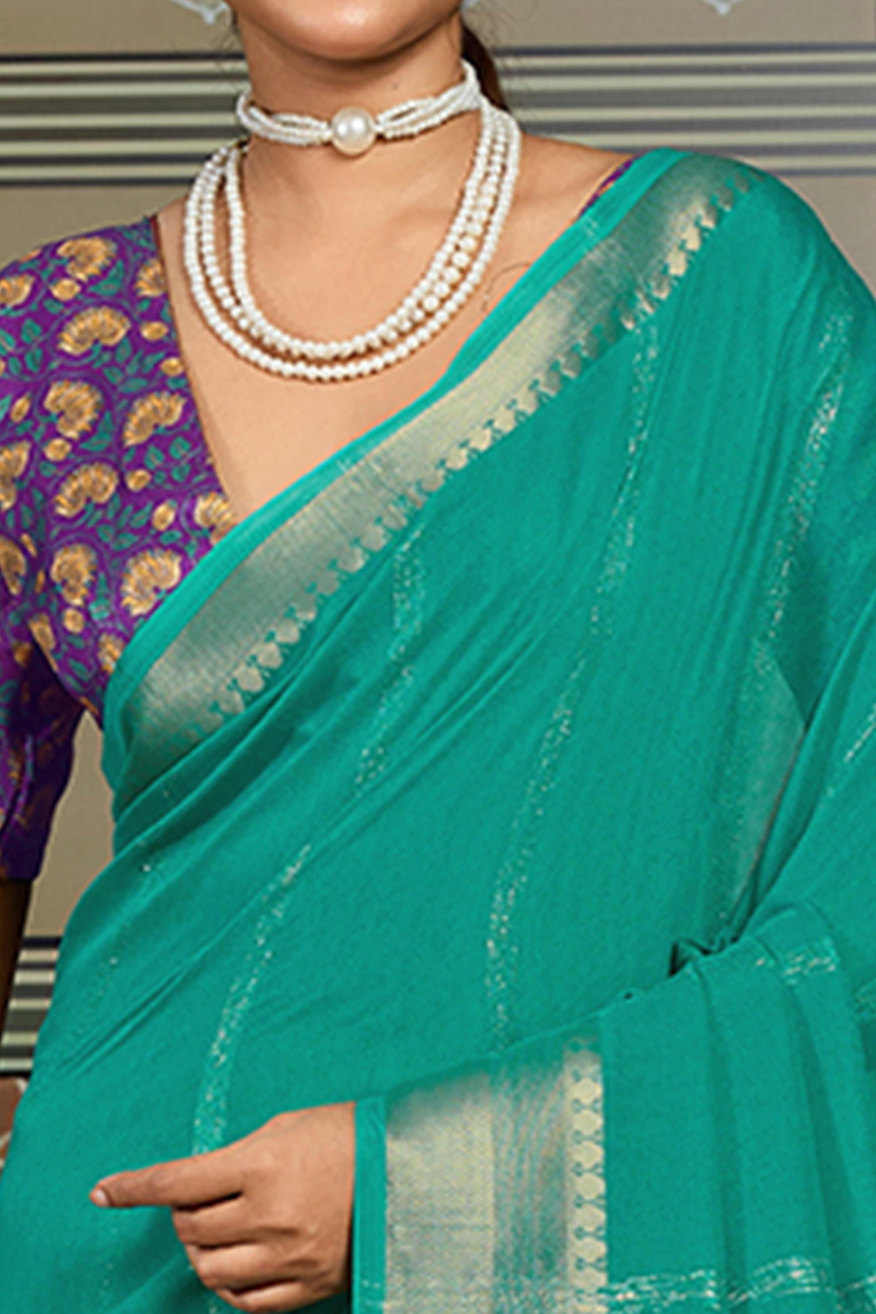 Rama Green Striped Pattern Bemberg Saree Adorned With Intricate Zari Weaving & Graceful Tassel Pallu