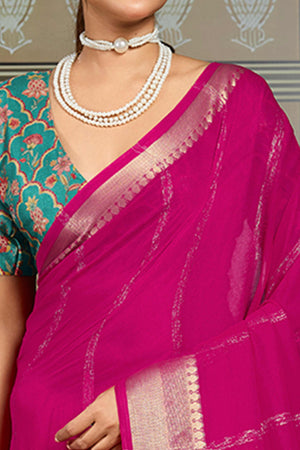 Rani Pink Striped Pattern Bemberg Saree Adorned With Intricate Zari Weaving & Graceful Tassel Pallu