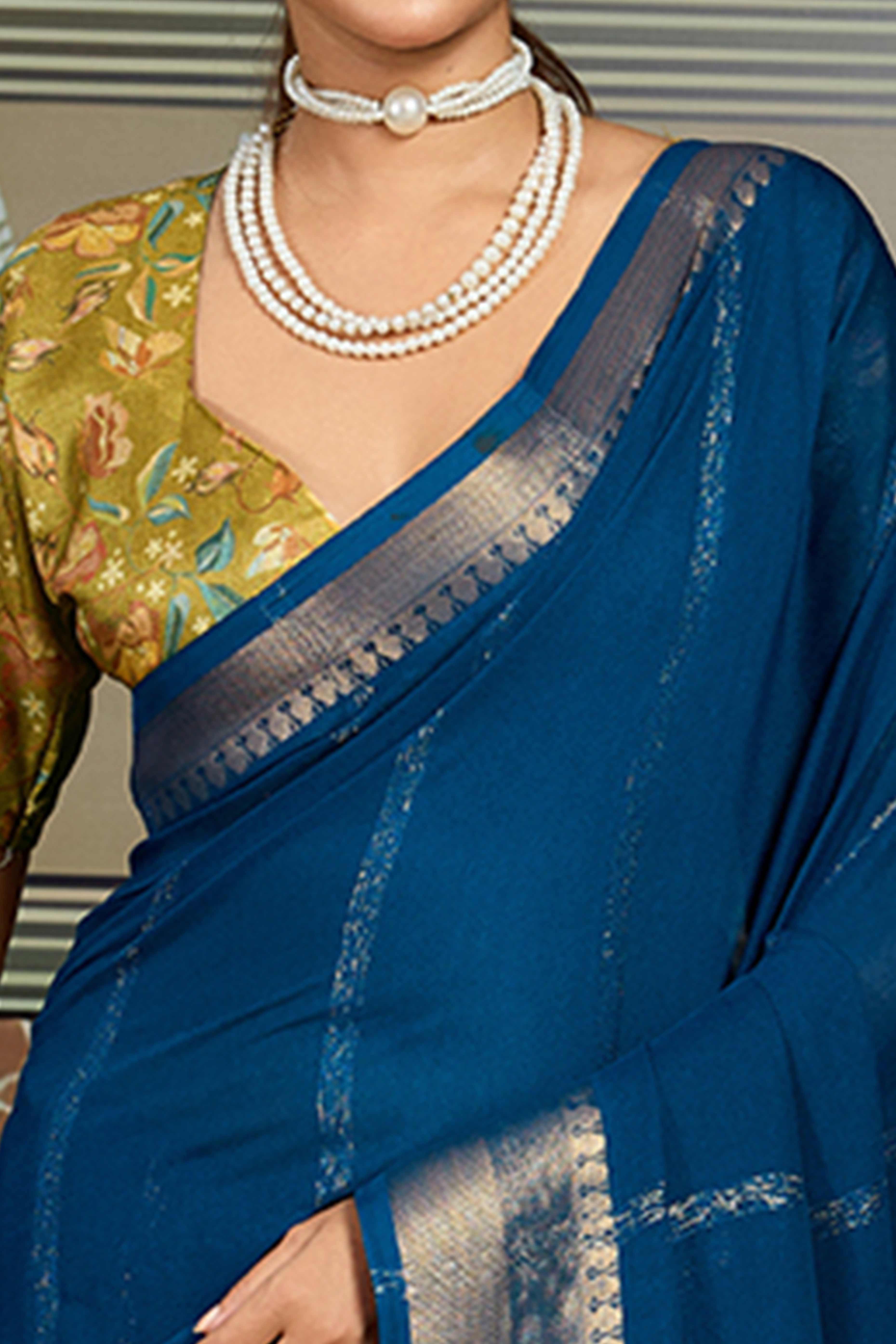 Blue Striped Pattern Bemberg Saree Adorned With Intricate Zari Weaving & Graceful Tassel Pallu