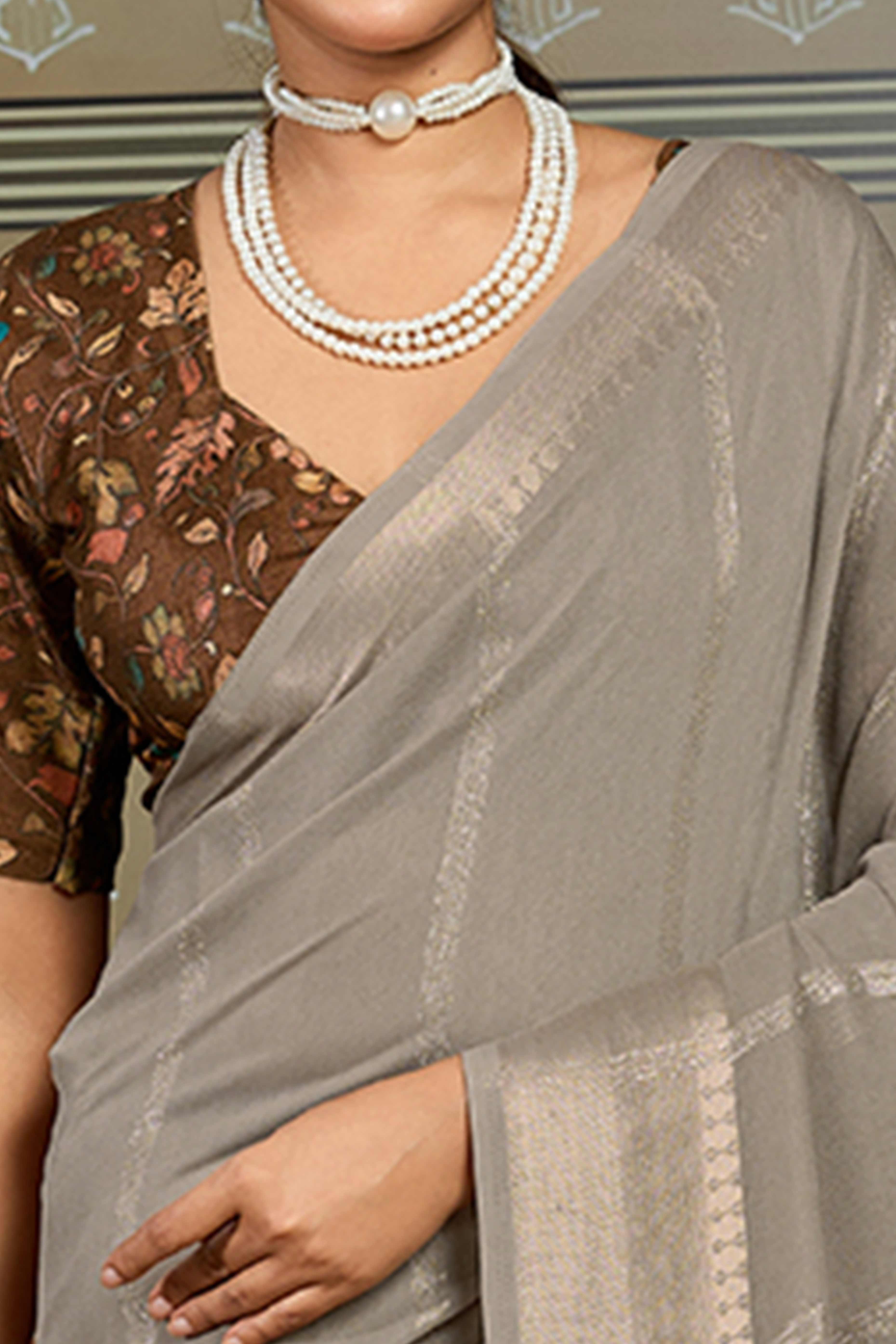 Grey Striped Pattern Bemberg Saree Adorned With Intricate Zari Weaving & Graceful Tassel Pallu