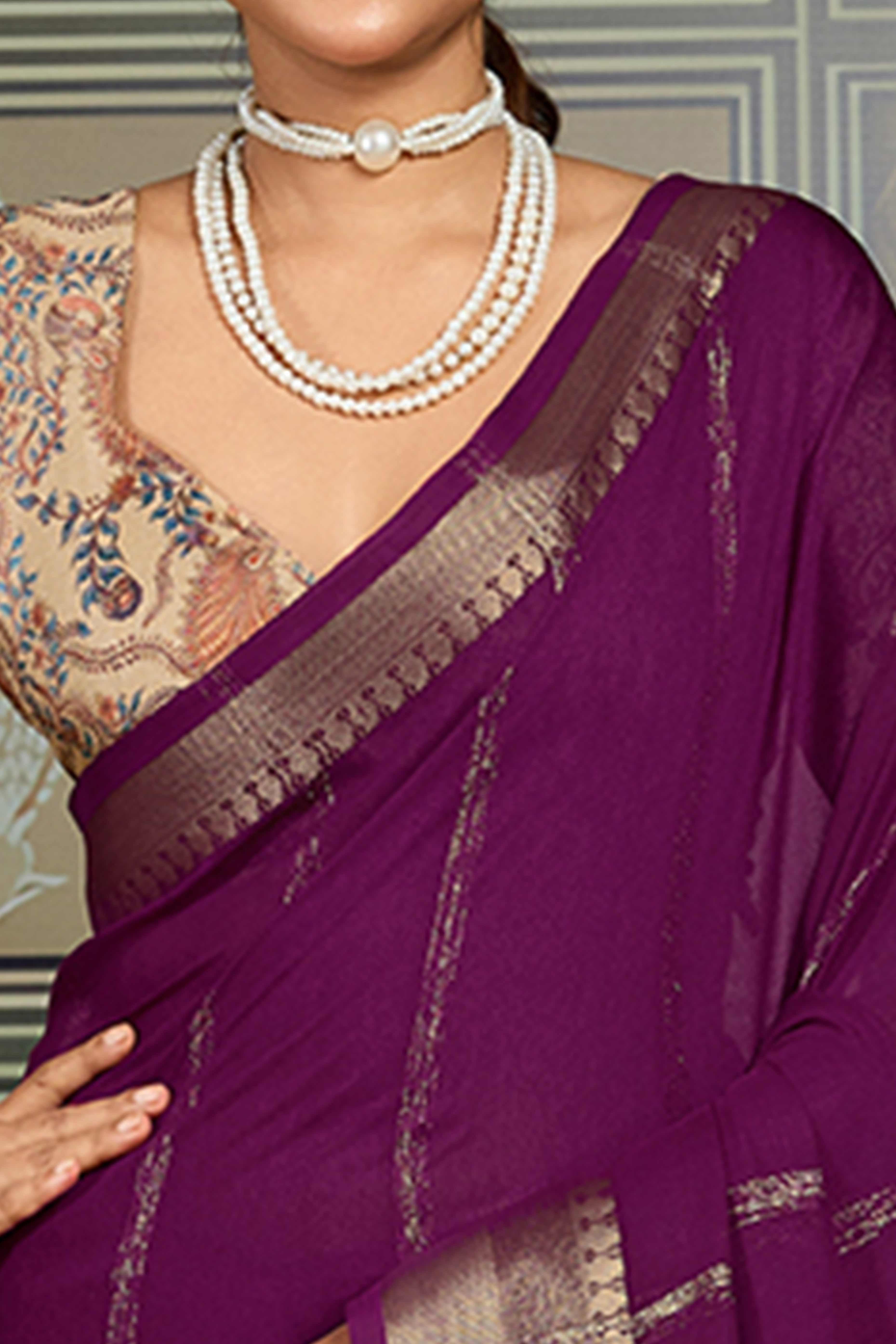 Purple Striped Pattern Bemberg Saree Adorned With Intricate Zari Weaving & Graceful Tassel Pallu