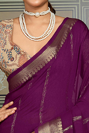 Purple Striped Pattern Bemberg Saree Adorned With Intricate Zari Weaving & Graceful Tassel Pallu