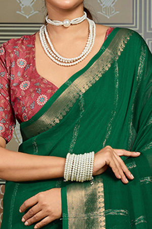 Green Striped Pattern Bemberg Saree Adorned With Intricate Zari Weaving & Graceful Tassel Pallu