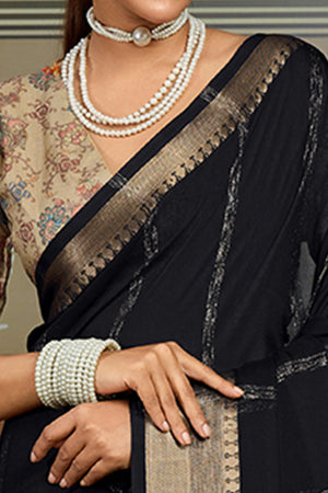 Black Striped Pattern Bemberg Saree Adorned With Intricate Zari Weaving & Graceful Tassel Pallu