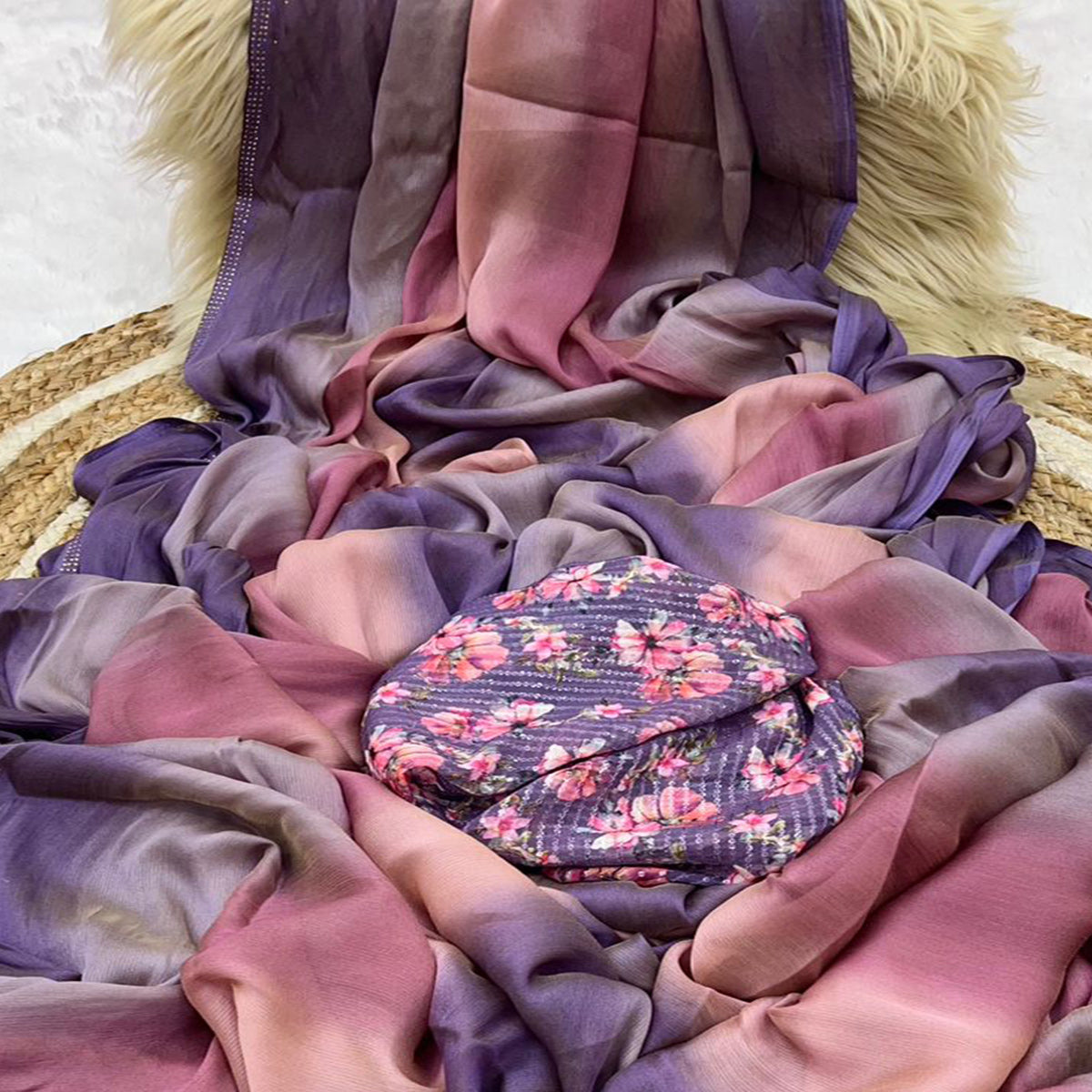 Multicolor Ombre Printed Chiffon Saree