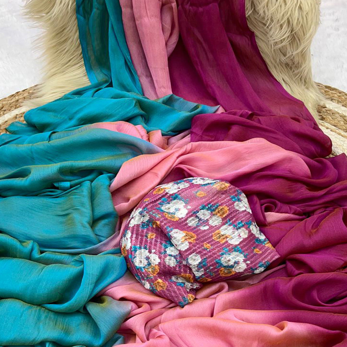 Multicolor Ombre Printed Chiffon Saree