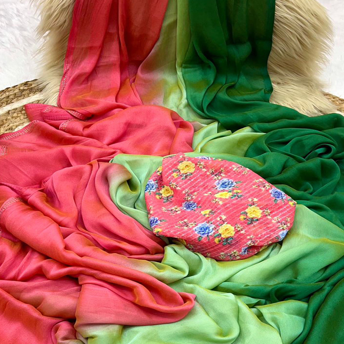 Multicolor Ombre Printed Chiffon Saree